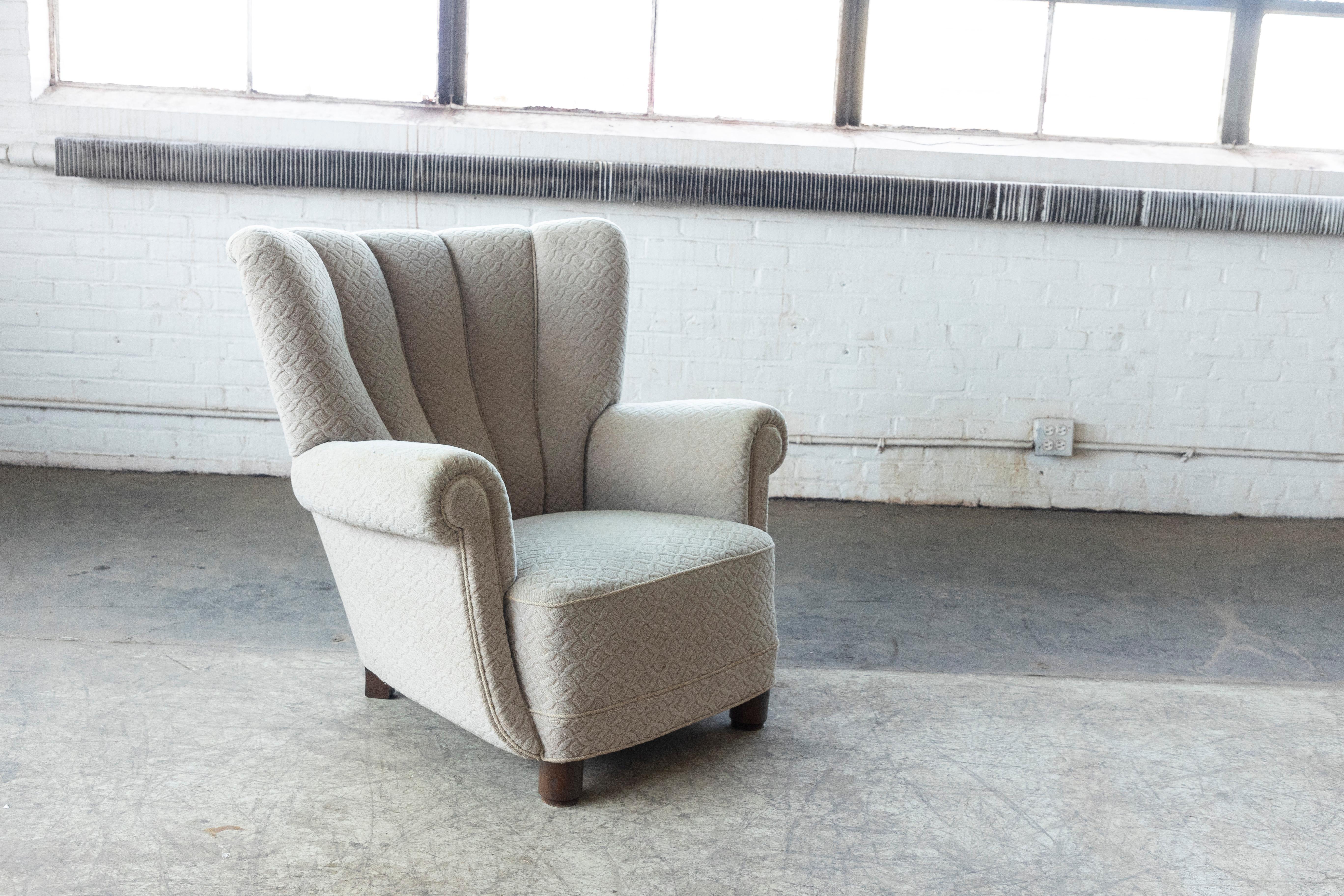 Wool Danish 1940's Fritz Hansen Style Channel Highback Lounge Chair