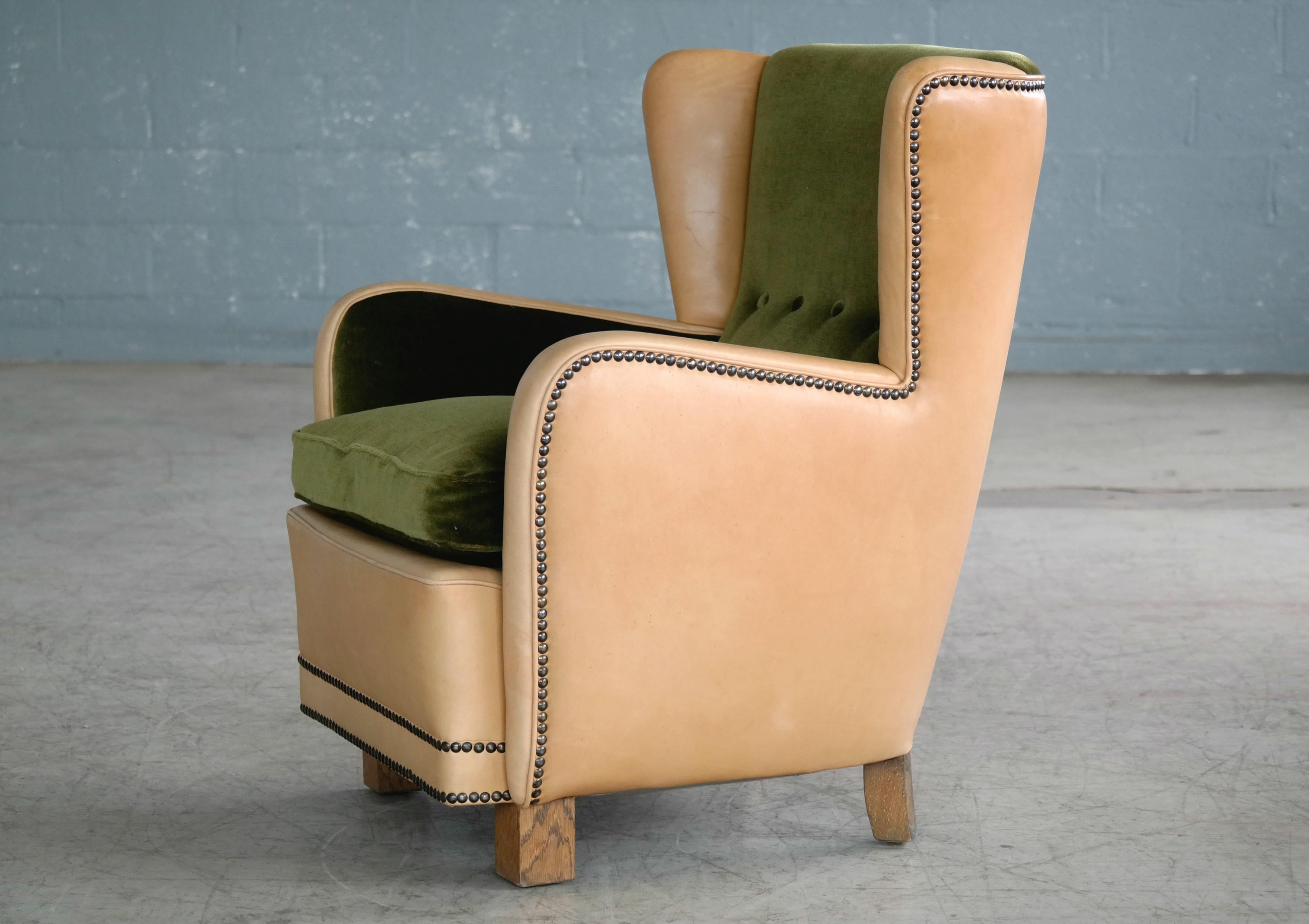 Danish 1940s Fritz Hansen Style Club Chair in Tan Leather with Green Velvet 4
