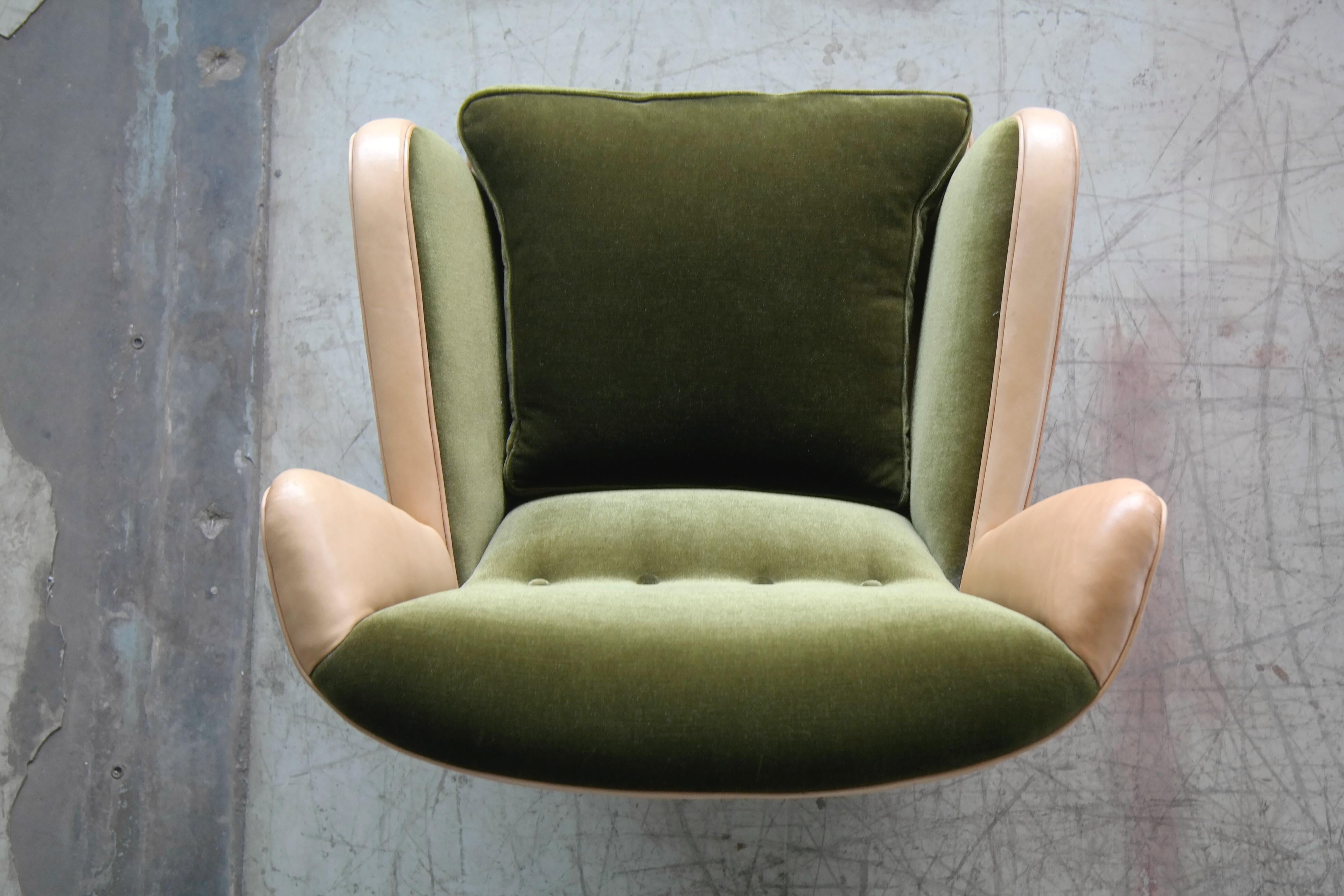 Danish 1940s Fritz Hansen Style Club Chair in Tan Leather with Green Velvet 5