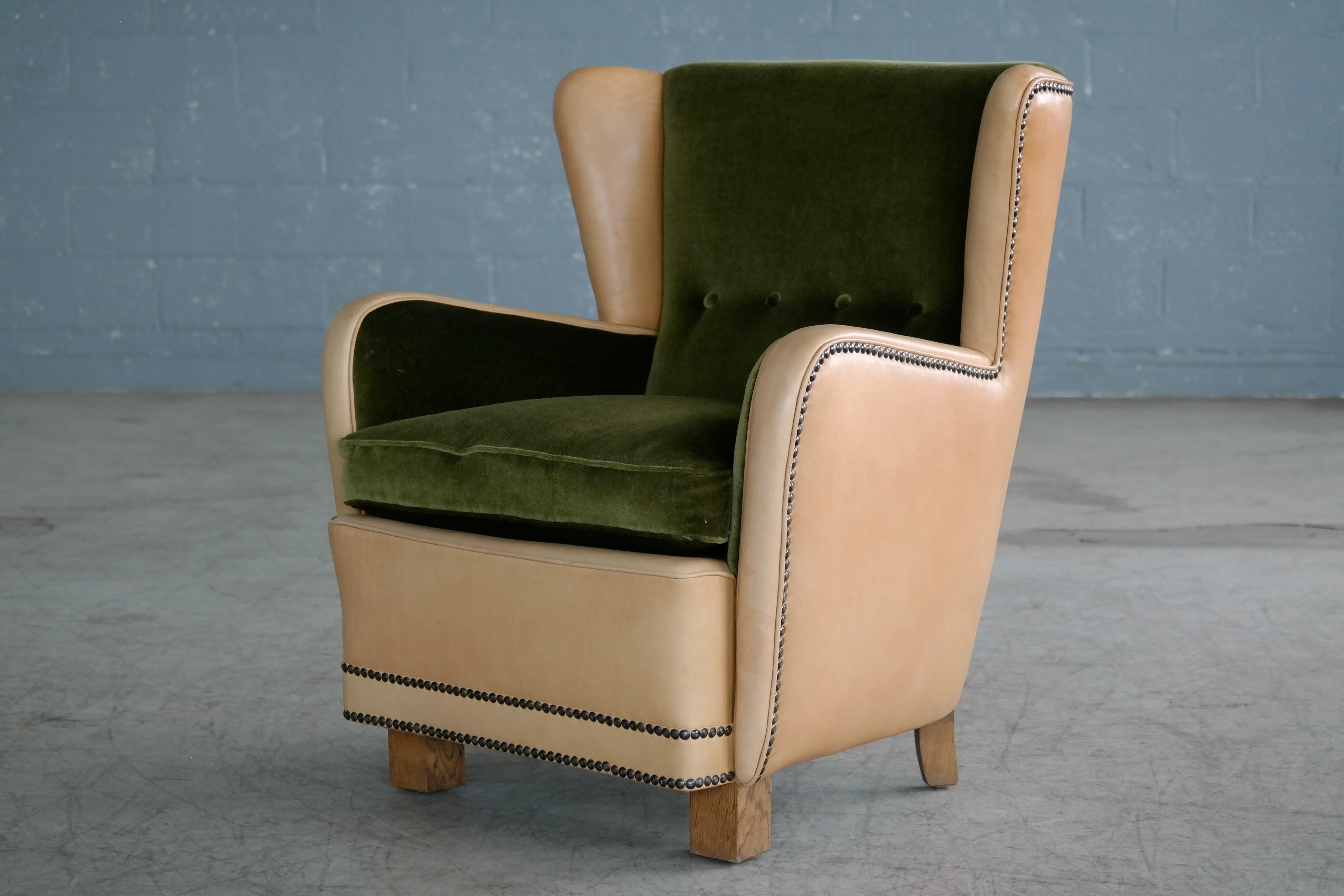 Danish 1940s Fritz Hansen Style Club Chair in Tan Leather with Green Velvet 6