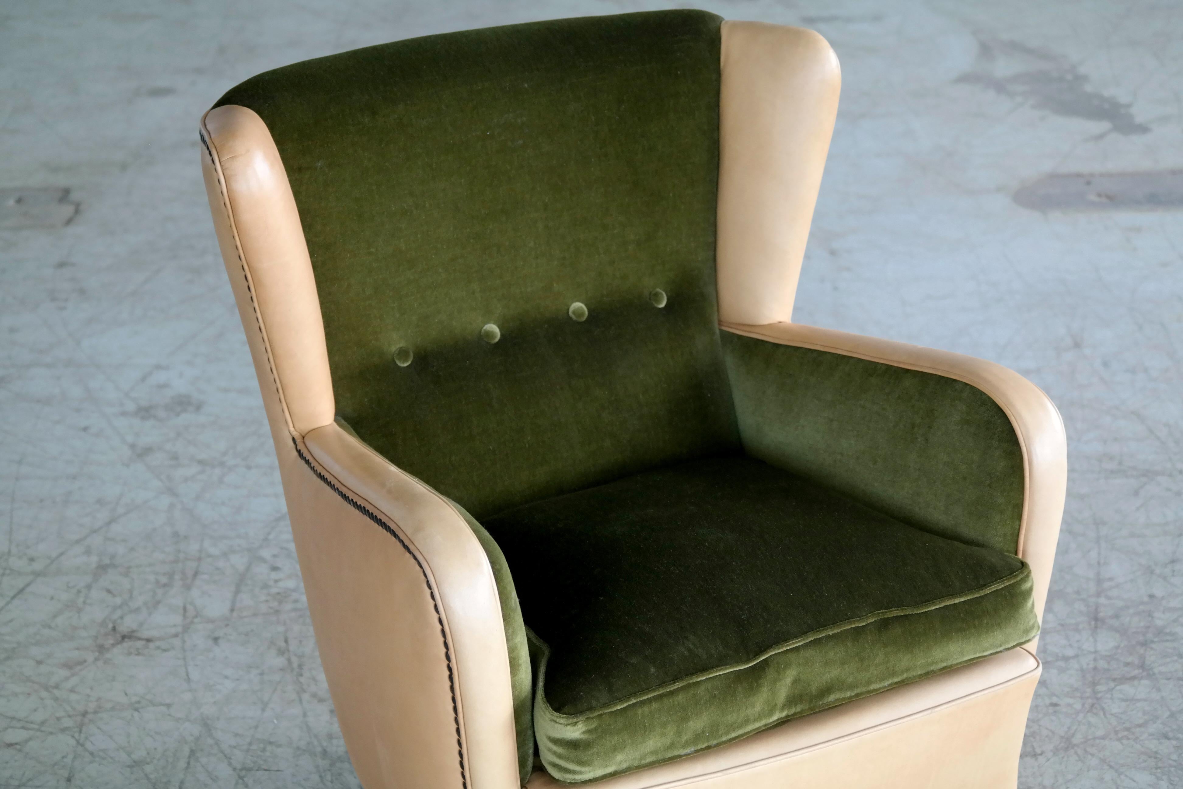 Mid-Century Modern Danish 1940s Fritz Hansen Style Club Chair in Tan Leather with Green Velvet