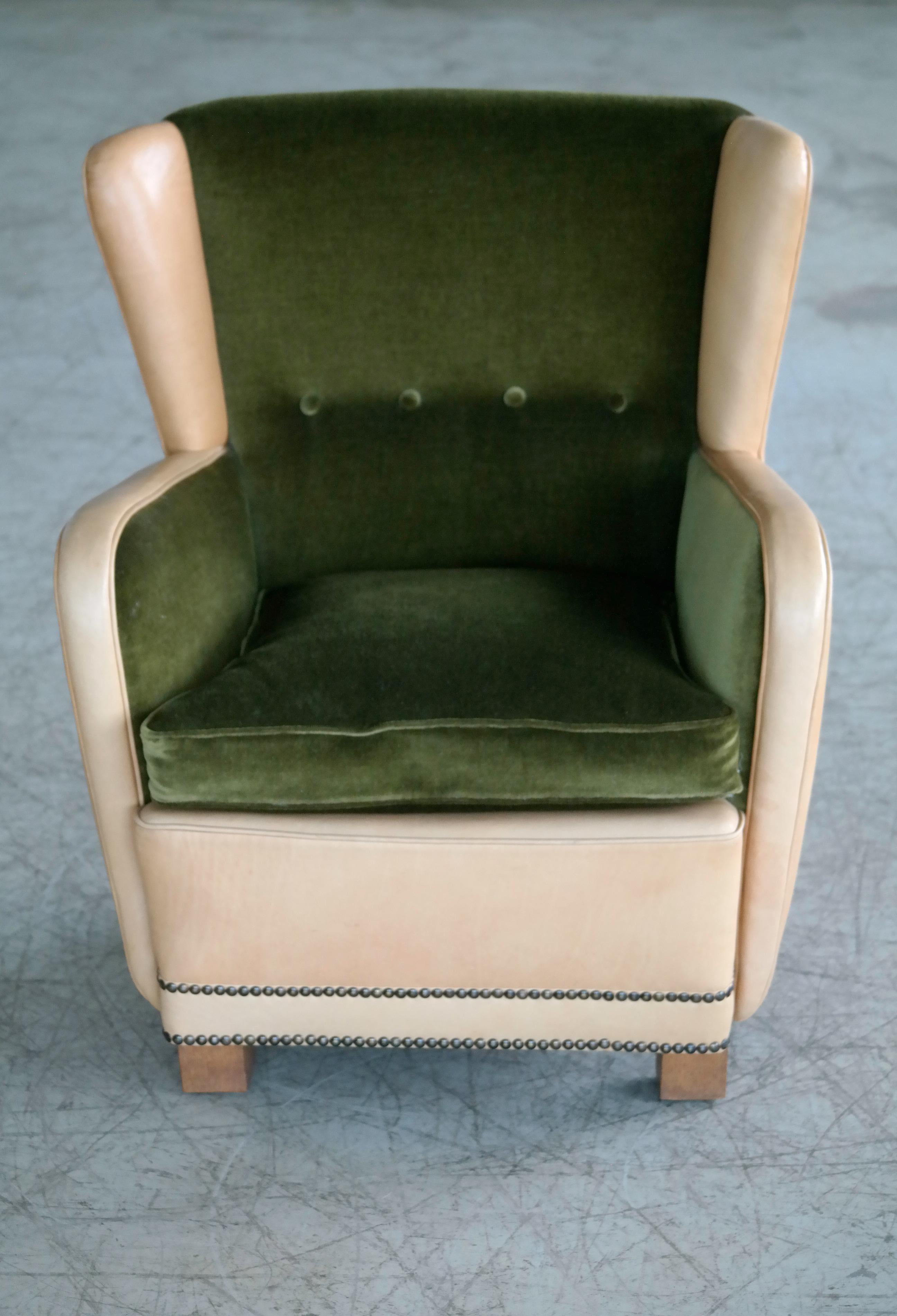 Danish 1940s Fritz Hansen Style Club Chair in Tan Leather with Green Velvet In Good Condition In Bridgeport, CT