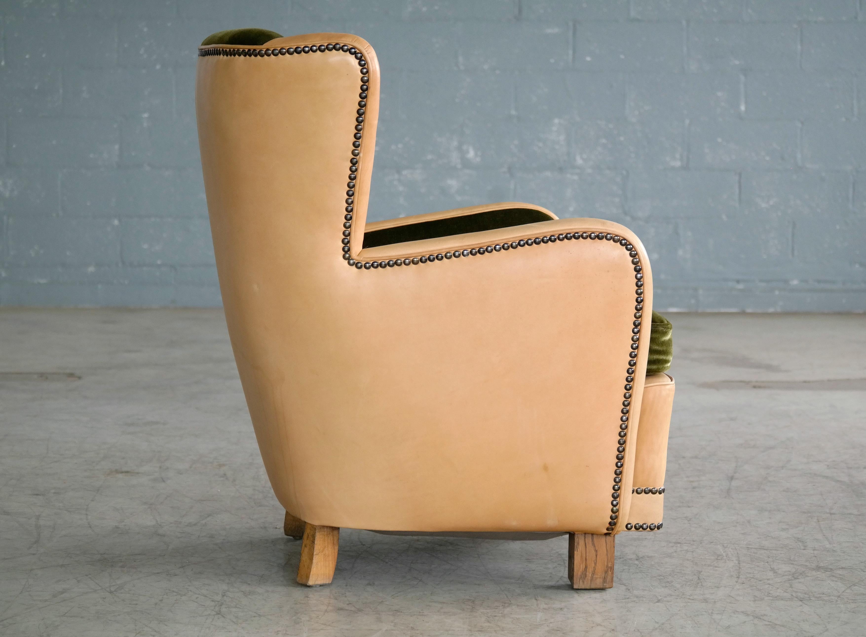 Mid-20th Century Danish 1940s Fritz Hansen Style Club Chair in Tan Leather with Green Velvet