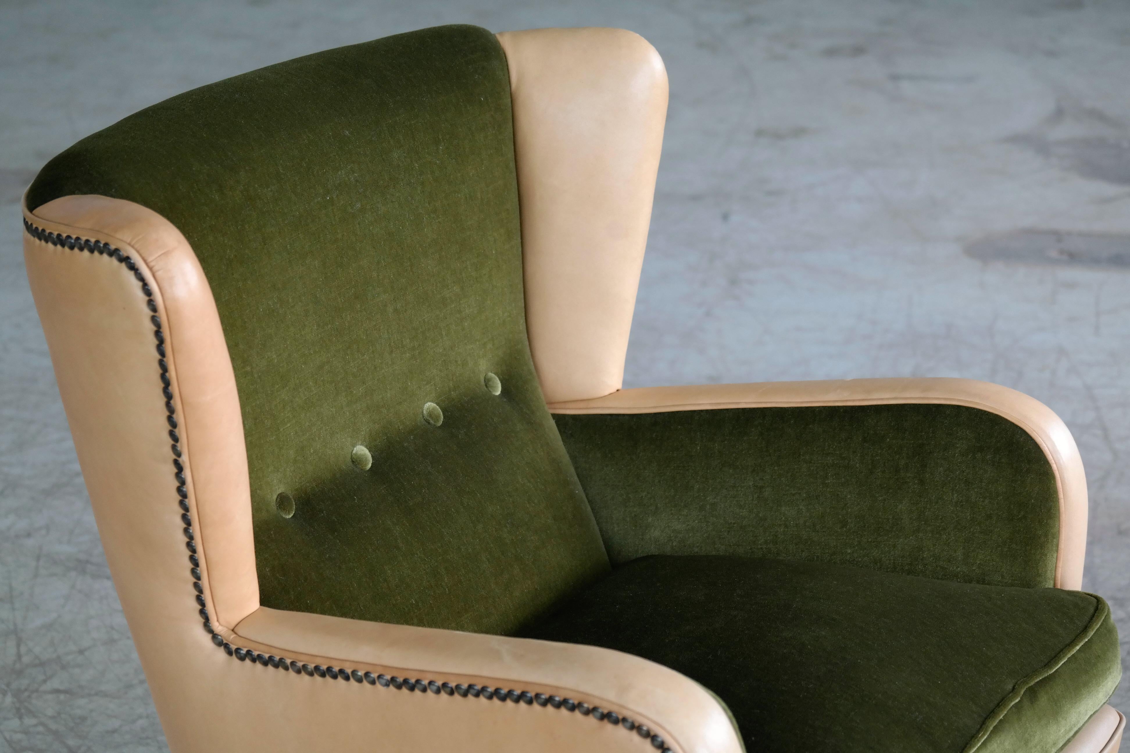 Brass Danish 1940s Fritz Hansen Style Club Chair in Tan Leather with Green Velvet