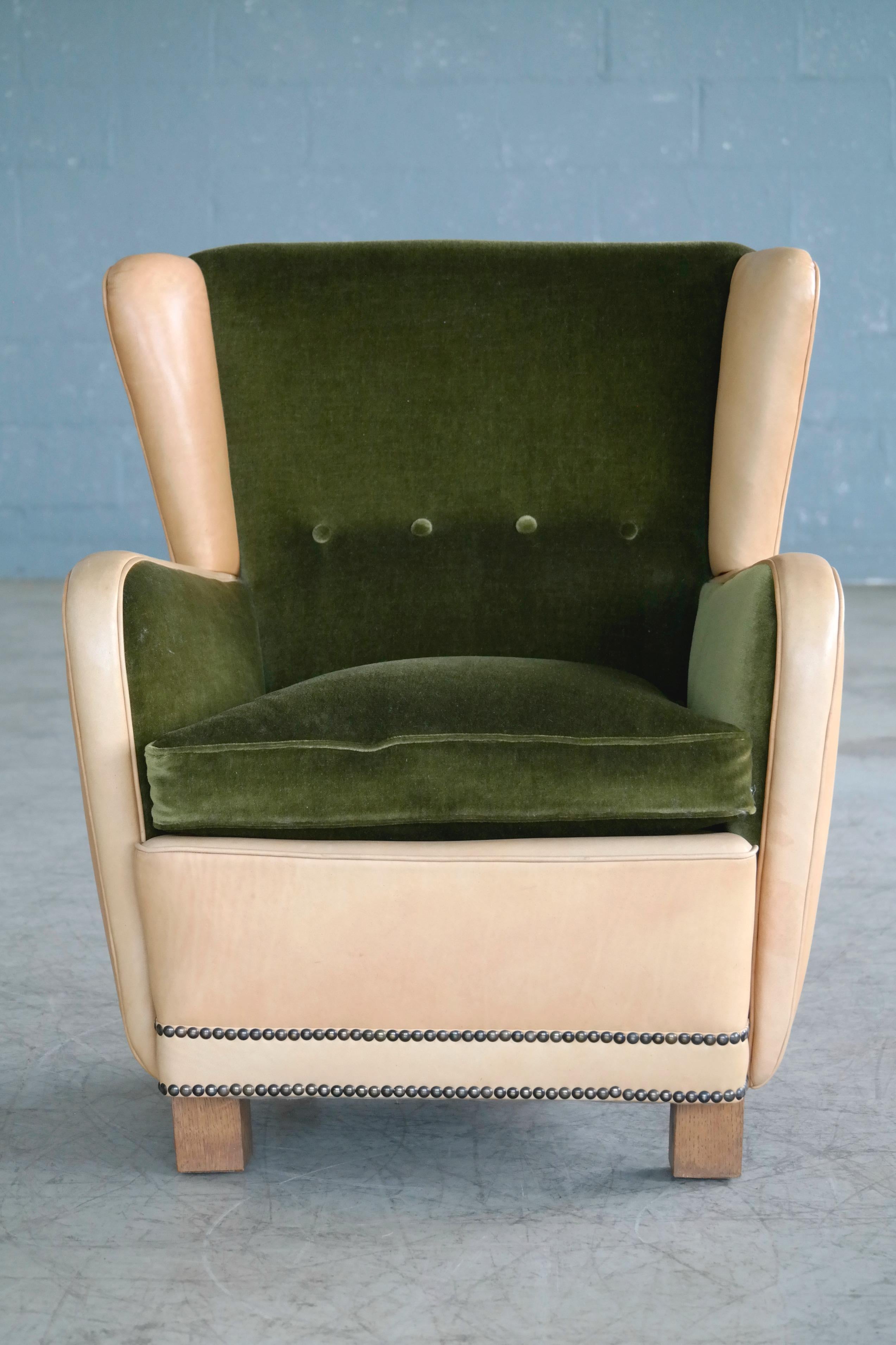 Danish 1940s Fritz Hansen Style Club Chair in Tan Leather with Green Velvet 1