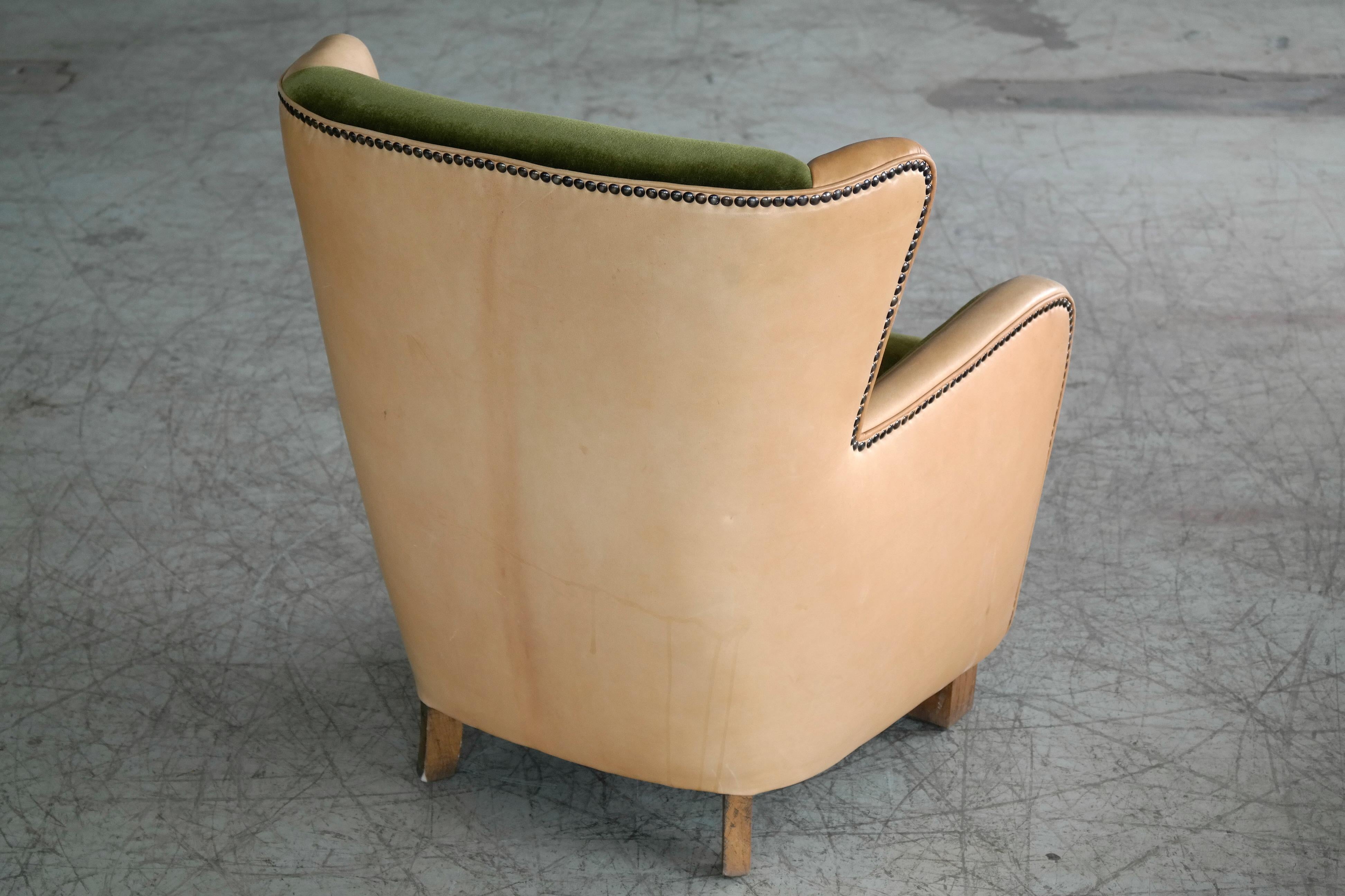 Danish 1940s Fritz Hansen Style Club Chair in Tan Leather with Green Velvet 2