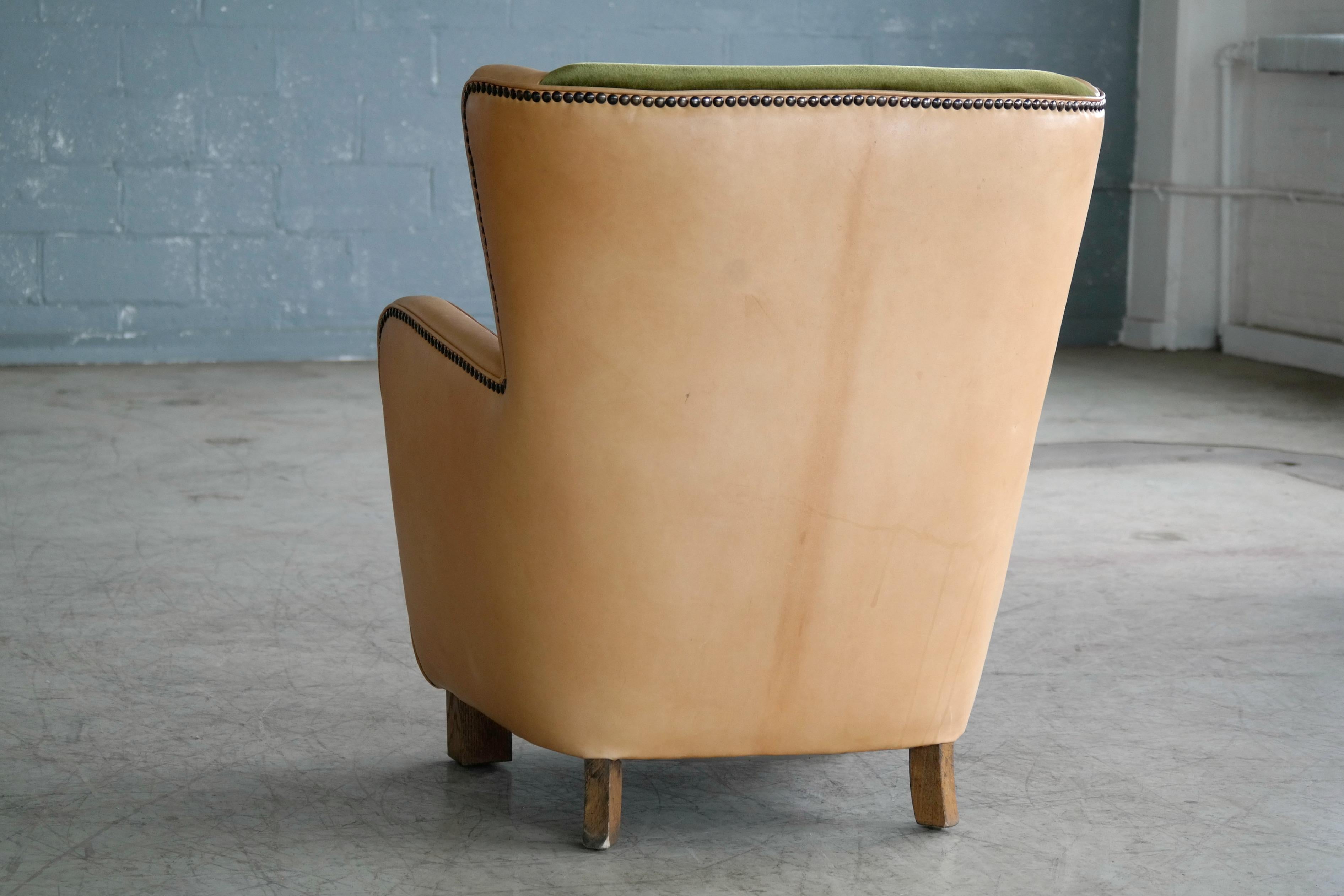 Danish 1940s Fritz Hansen Style Club Chair in Tan Leather with Green Velvet 3