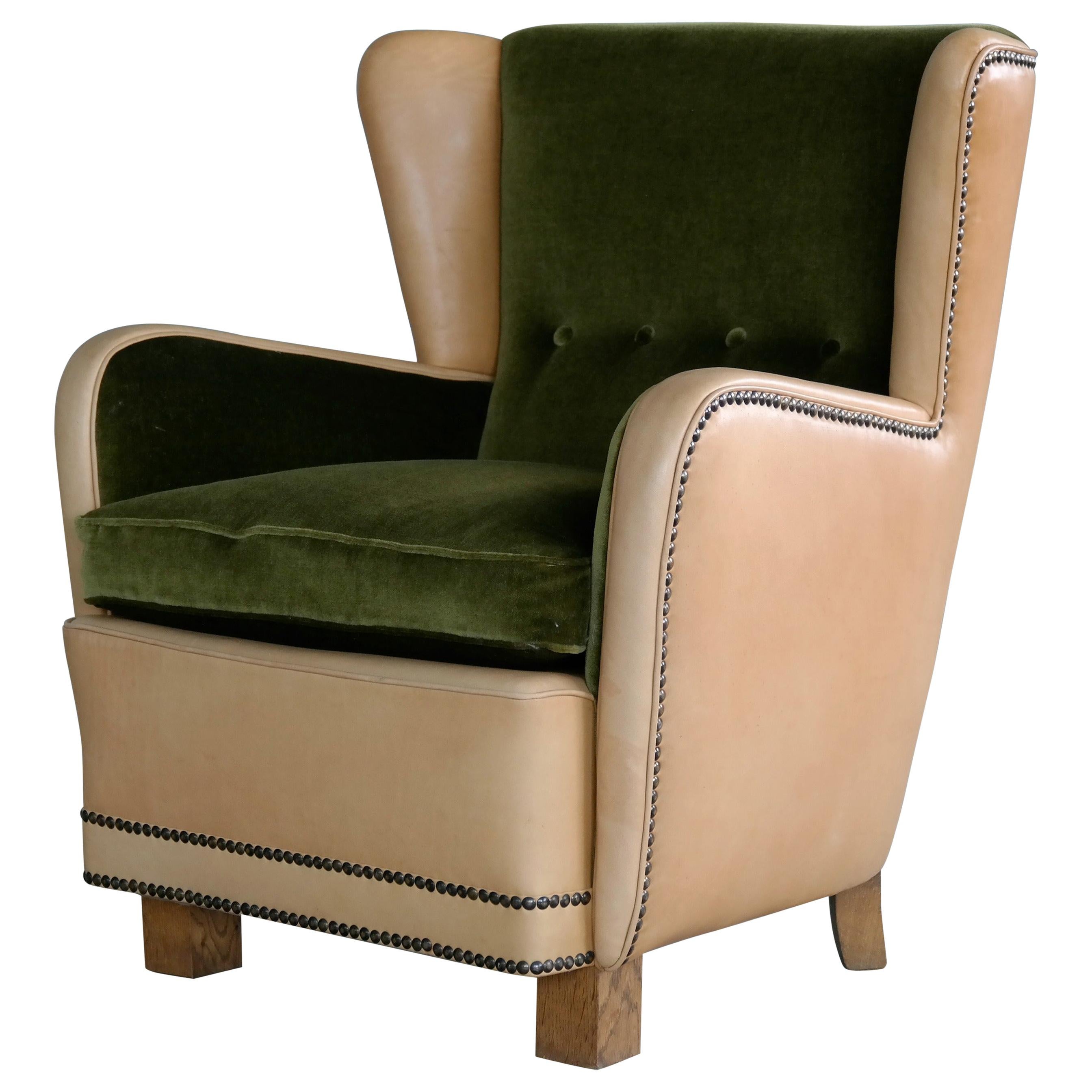 Danish 1940s Fritz Hansen Style Club Chair in Tan Leather with Green Velvet