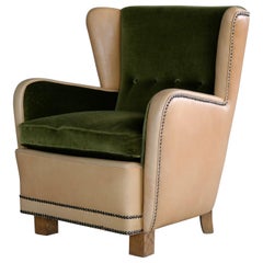 Vintage Danish 1940s Fritz Hansen Style Club Chair in Tan Leather with Green Velvet