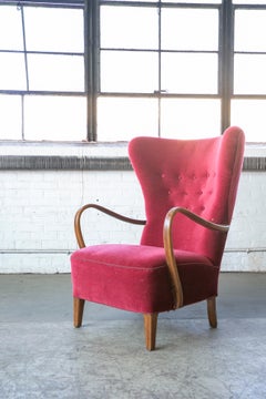 Danish 1940s Fritz Hansen Style High Back Lounge Chair with Open Armrests