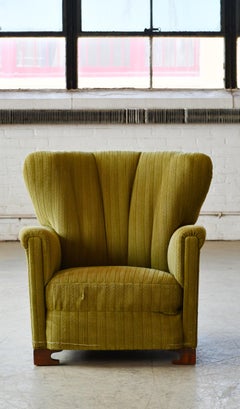 Danish 1940's Fritz Hansen Style Large Club Chair in Wool with Channel Back