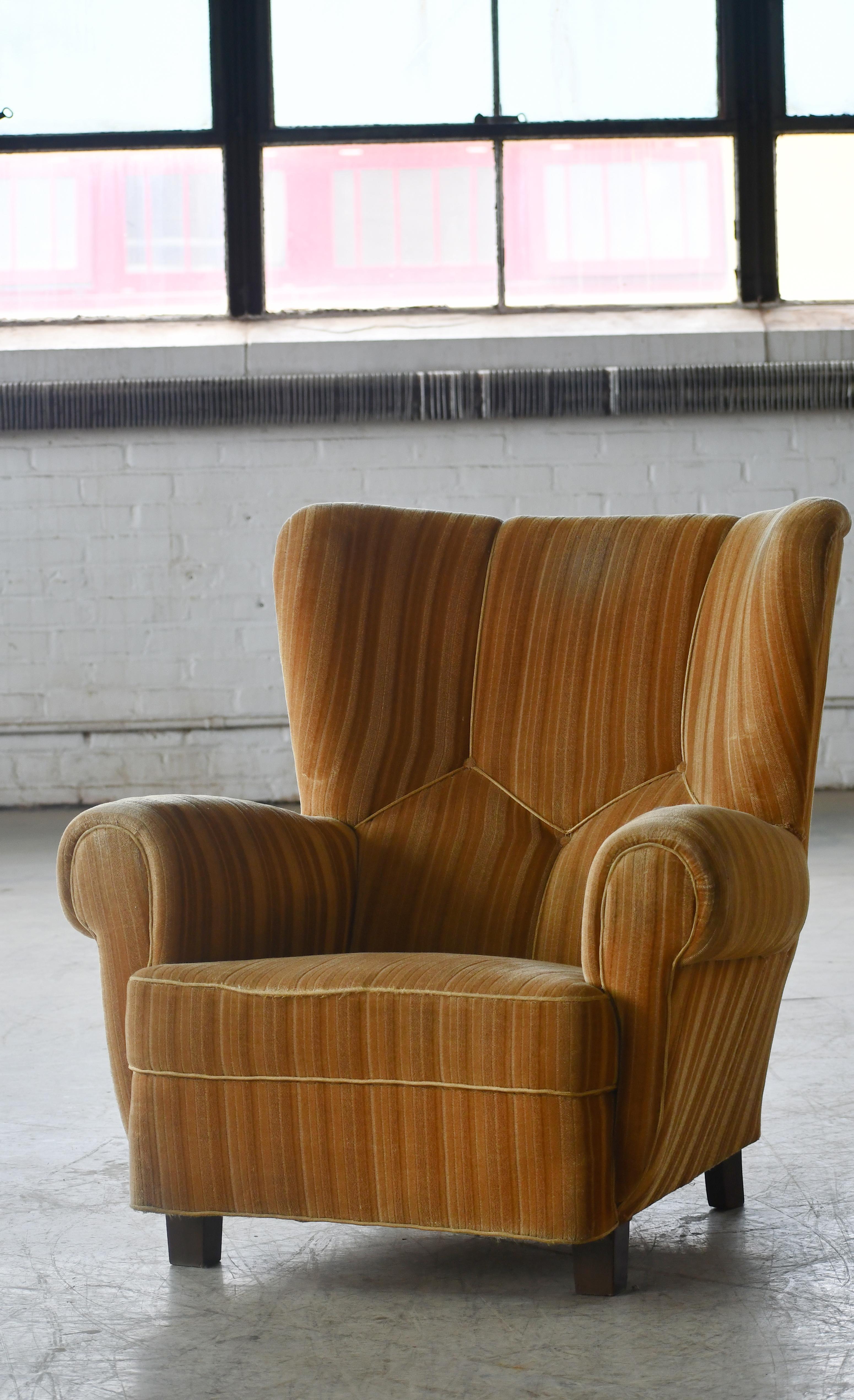Mid-Century Modern Danish 1940's Fritz Hansen Style Large Club Chair in Wool with Channel Back