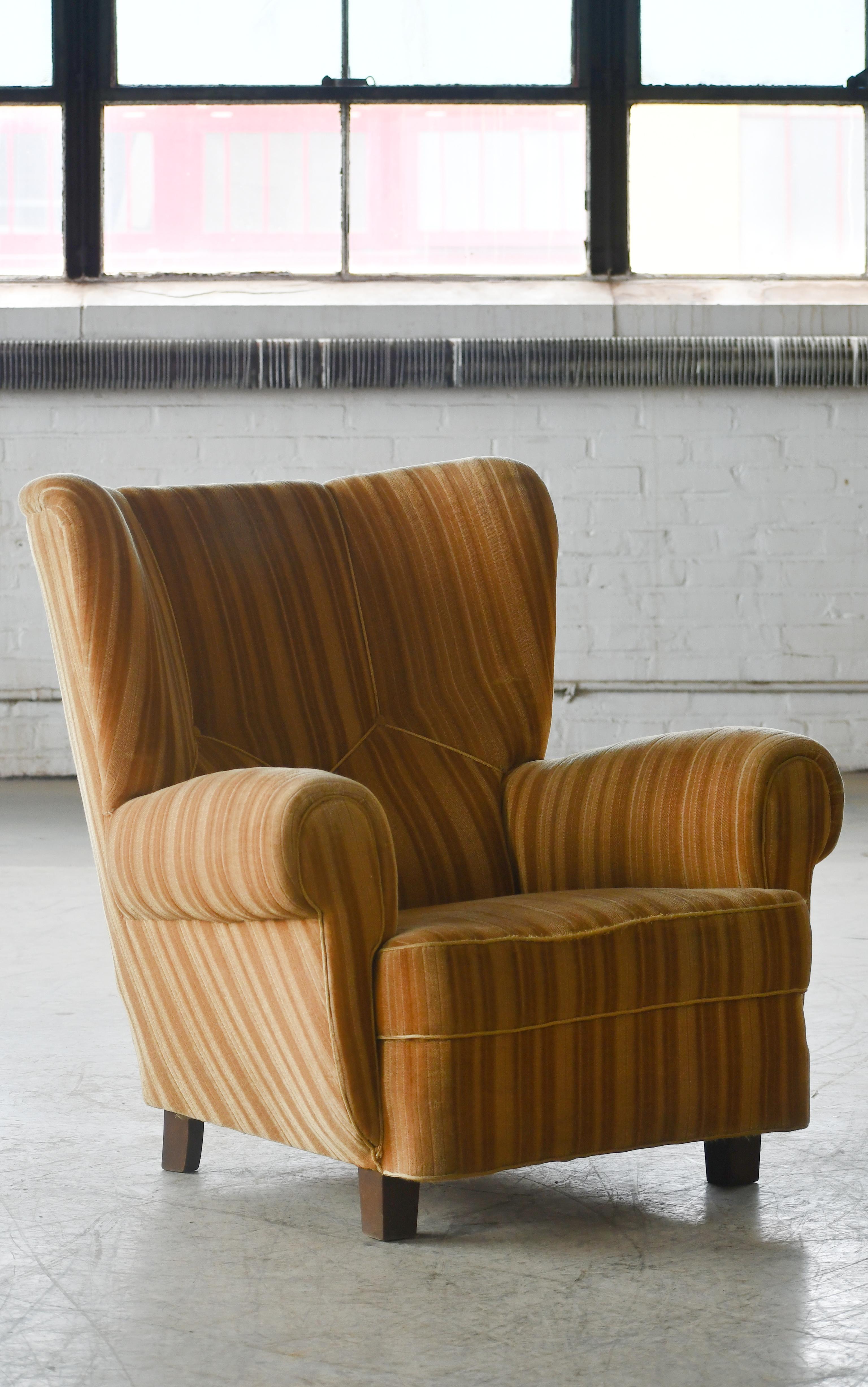Mid-20th Century Danish 1940's Fritz Hansen Style Large Club Chair in Wool with Channel Back