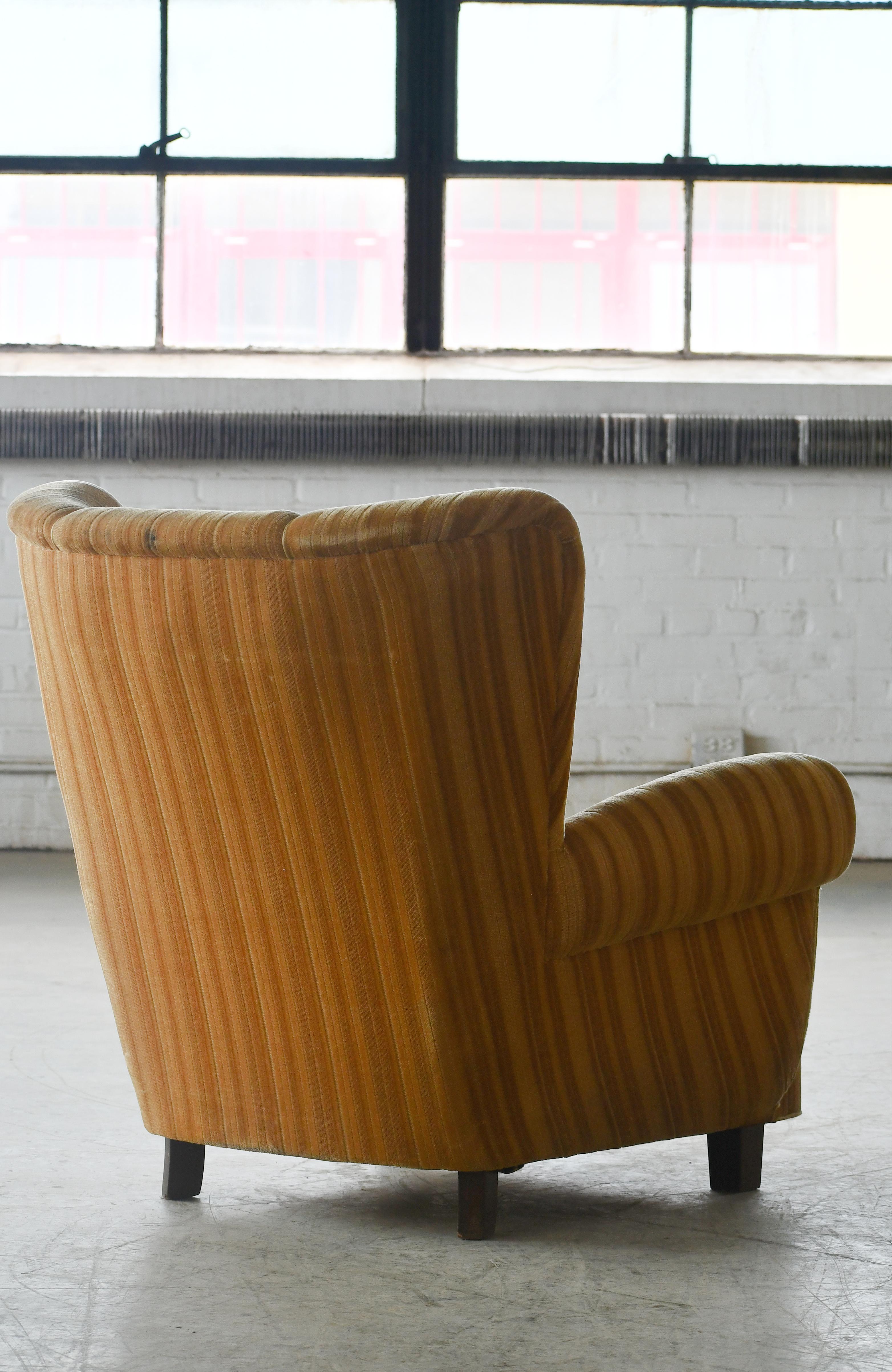 Mohair Danish 1940's Fritz Hansen Style Large Club Chair in Wool with Channel Back