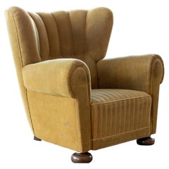 Danish 1940's Fritz Hansen Style Large Club Chair in Wool with Channel Back