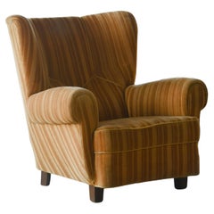 Danish 1940's Fritz Hansen Style Large Club Chair in Wool with Channel Back