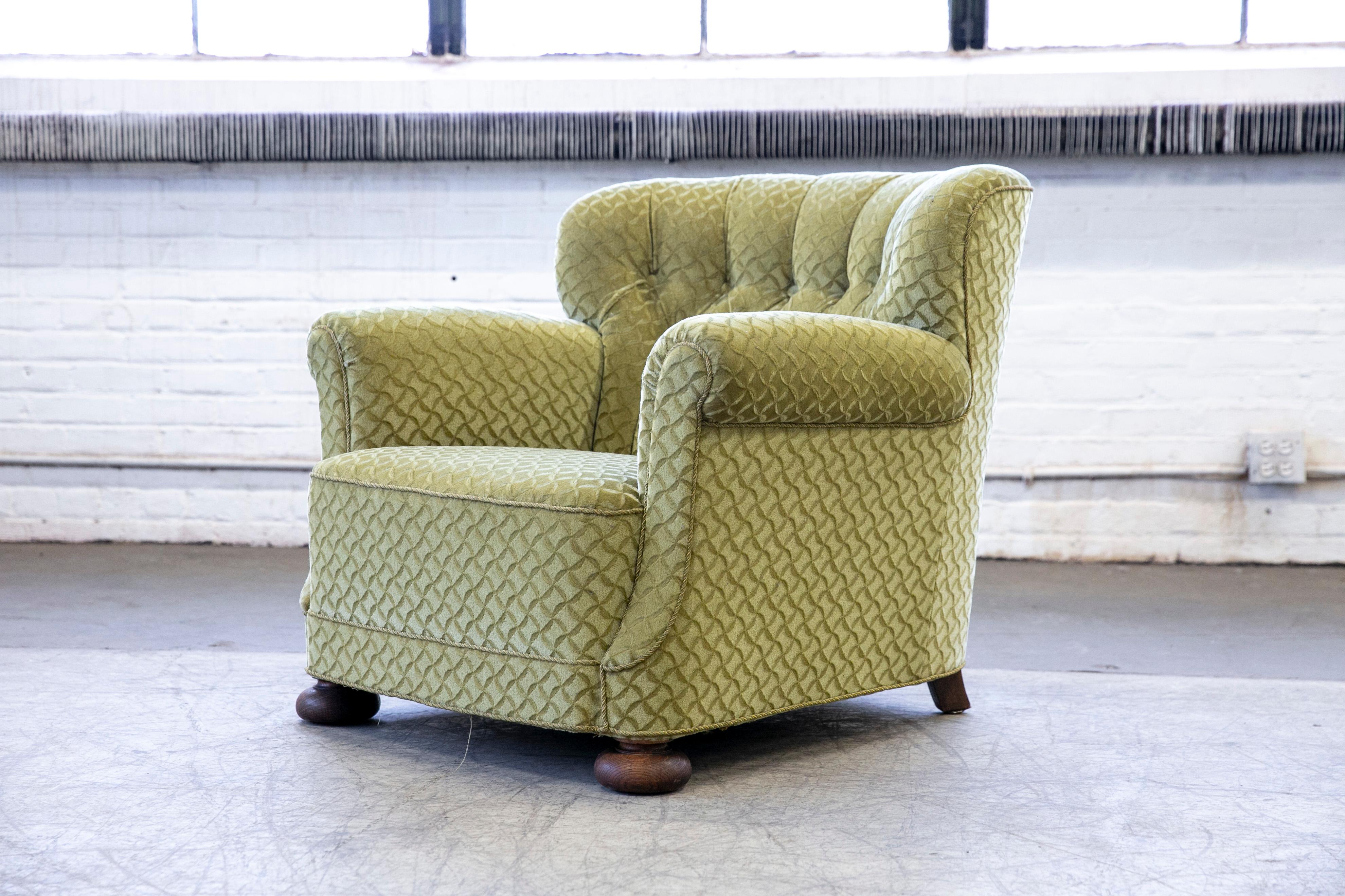Mid-Century Modern Danish 1940's Fritz Hansen Style Large Scale Club Chair in Green Mohair