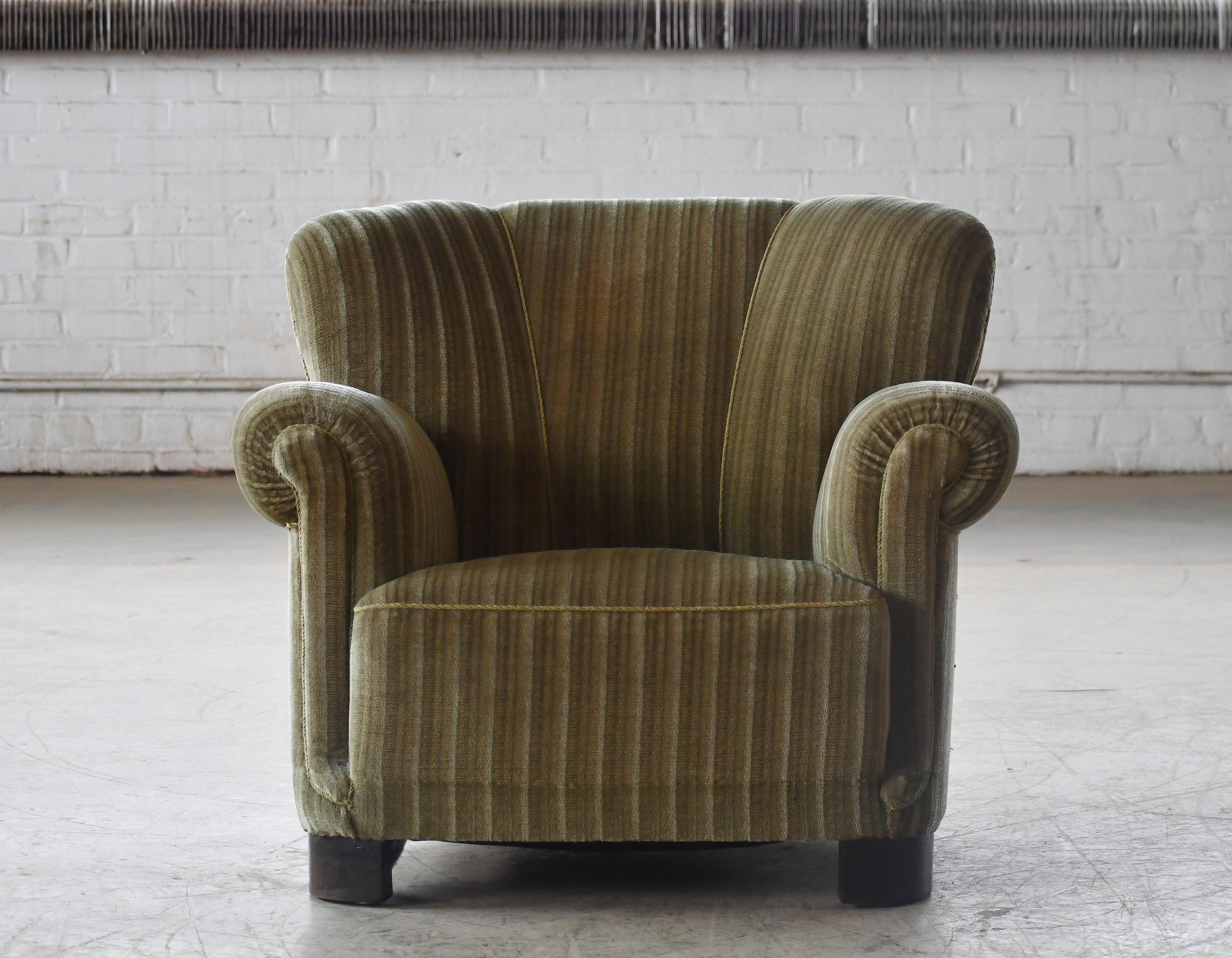 Mid-Century Modern Danish 1940's Fritz Hansen Style Large Scale Club Chair in Green Mohair