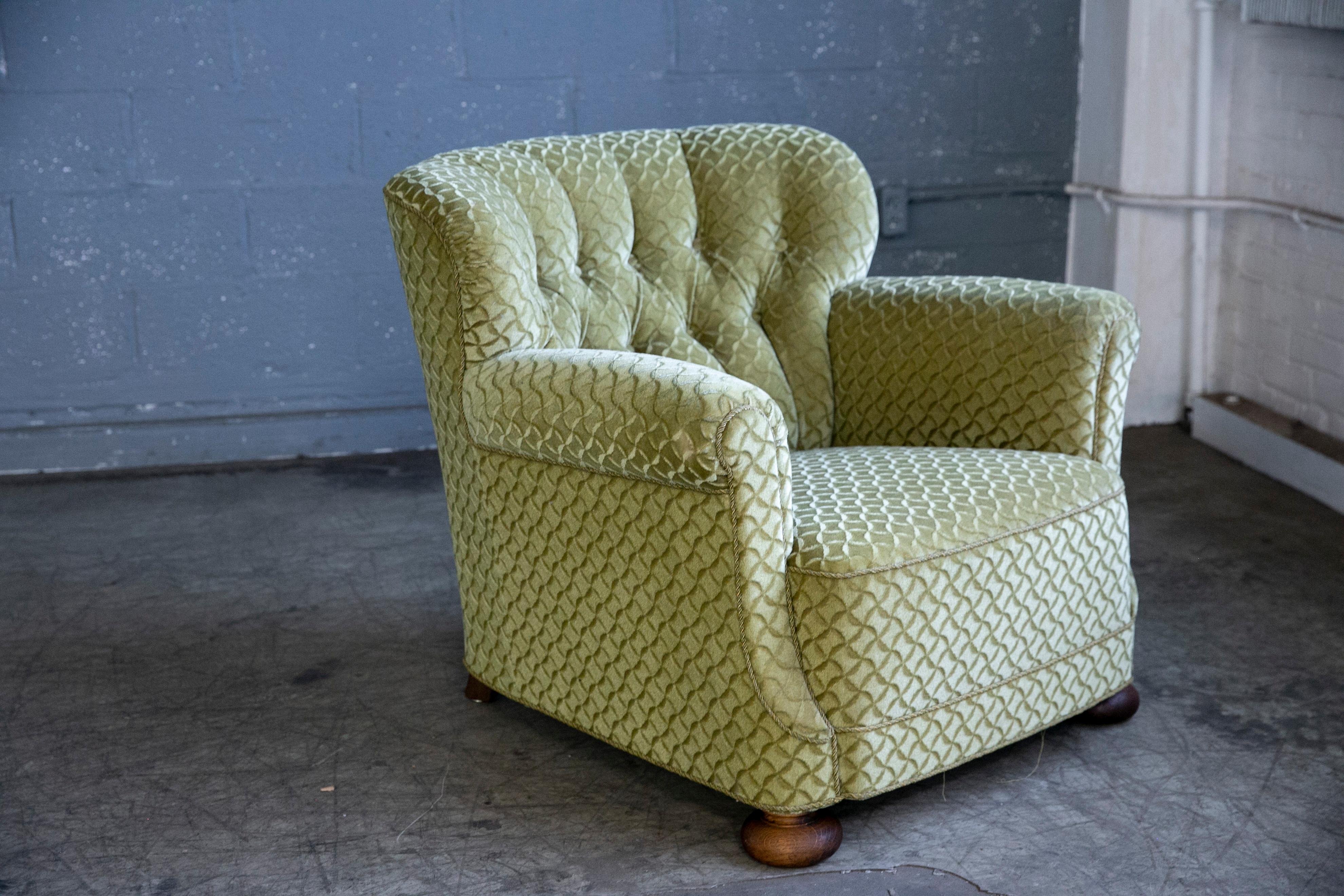 Mid-20th Century Danish 1940's Fritz Hansen Style Large Scale Club Chair in Green Mohair
