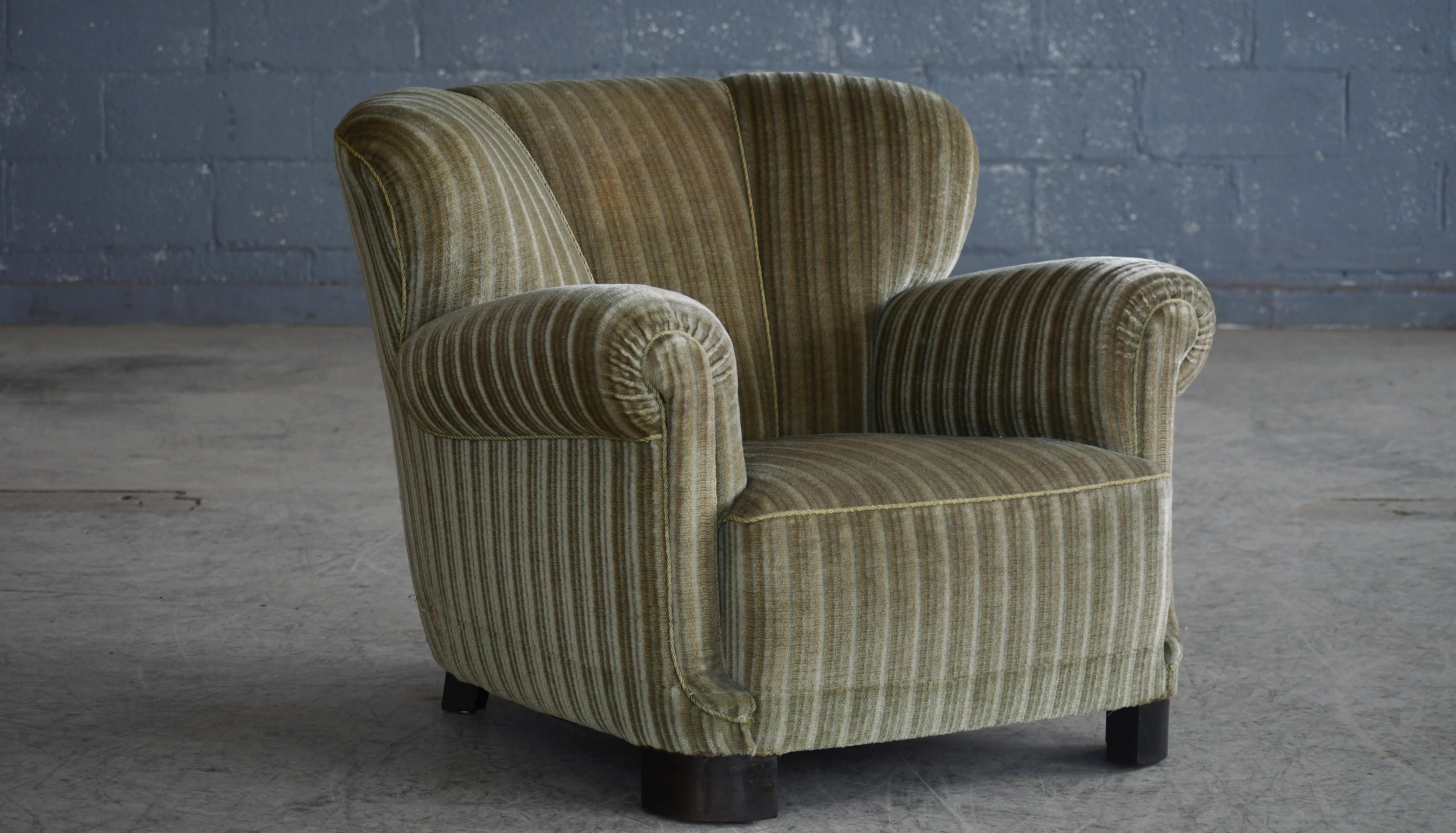 Mid-20th Century Danish 1940's Fritz Hansen Style Large Scale Club Chair in Green Mohair