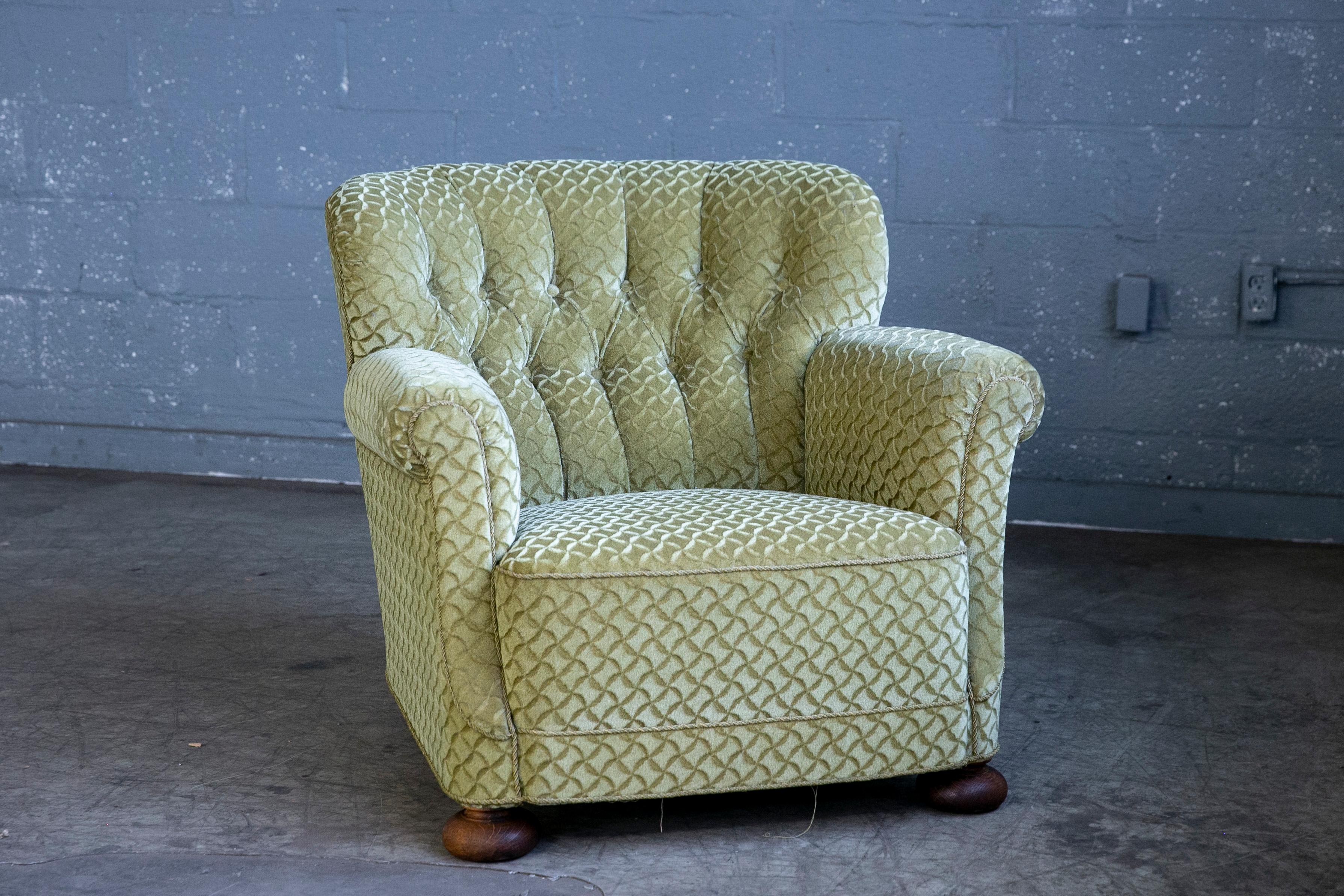 Wool Danish 1940's Fritz Hansen Style Large Scale Club Chair in Green Mohair