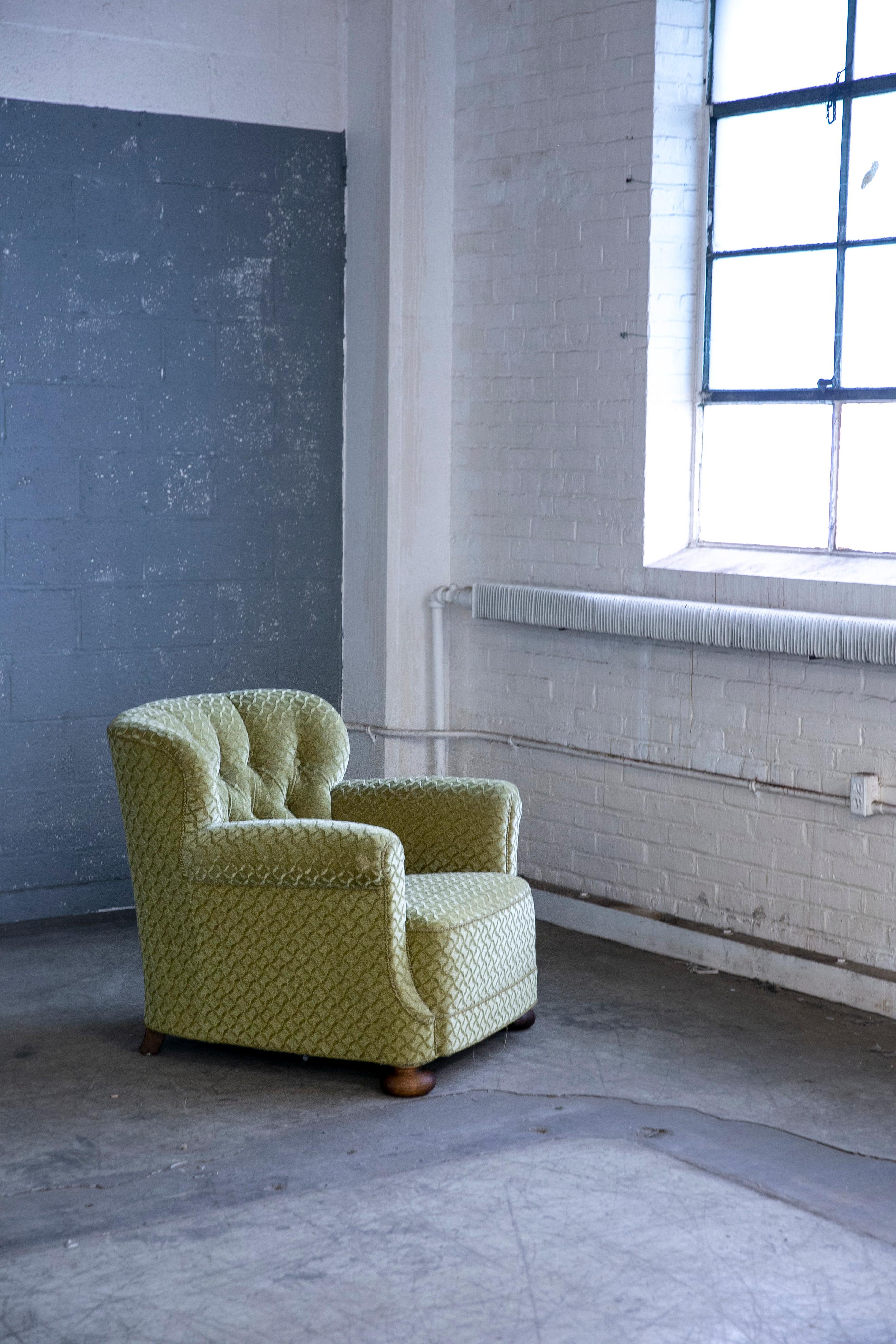 Danish 1940's Fritz Hansen Style Large Scale Club Chair in Green Mohair 1