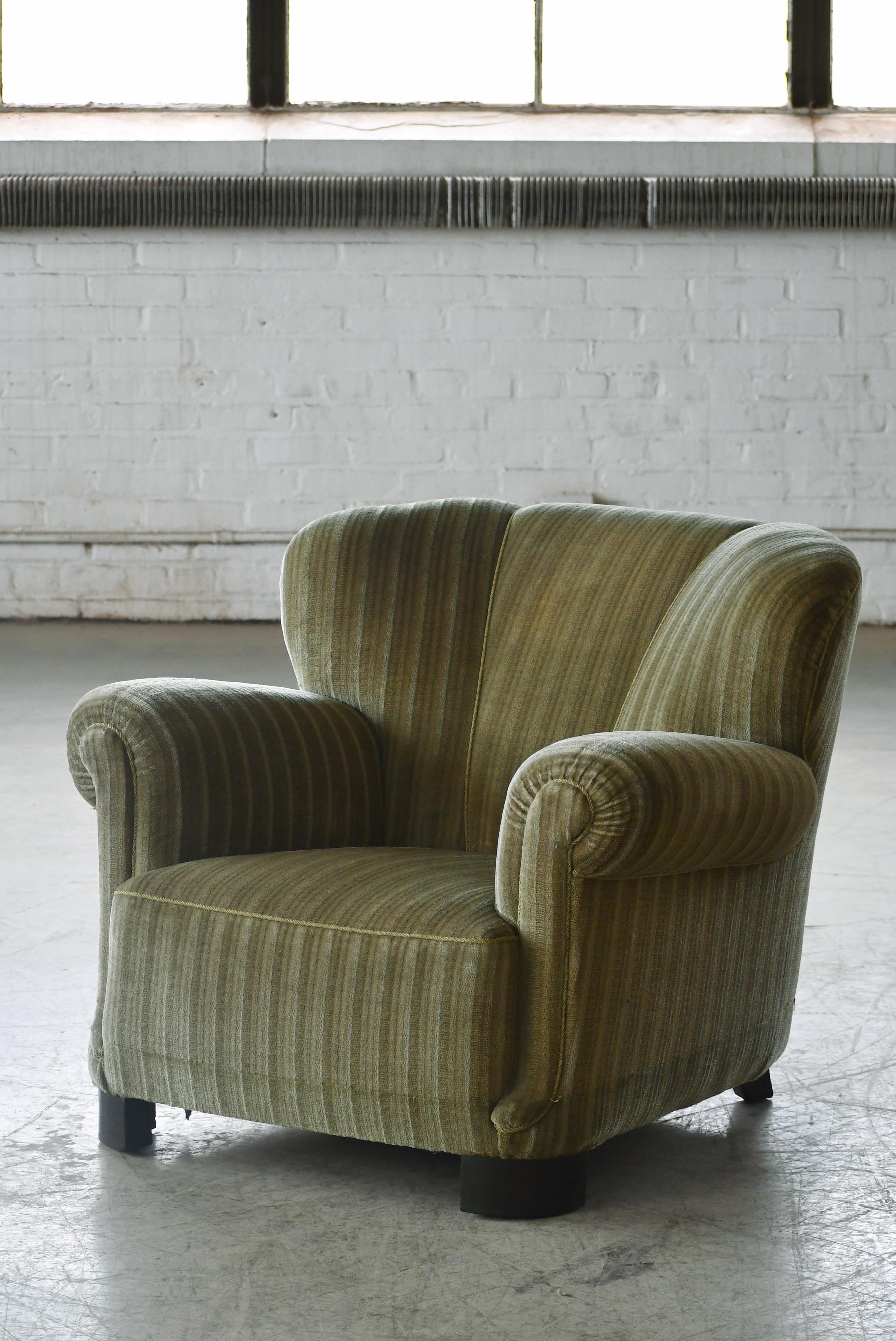 Danish 1940's Fritz Hansen Style Large Scale Club Chair in Green Mohair 3