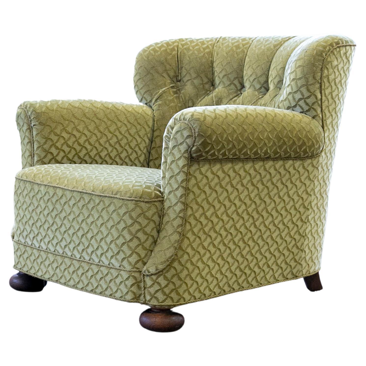 Danish 1940's Fritz Hansen Style Large Scale Club Chair in Green Mohair