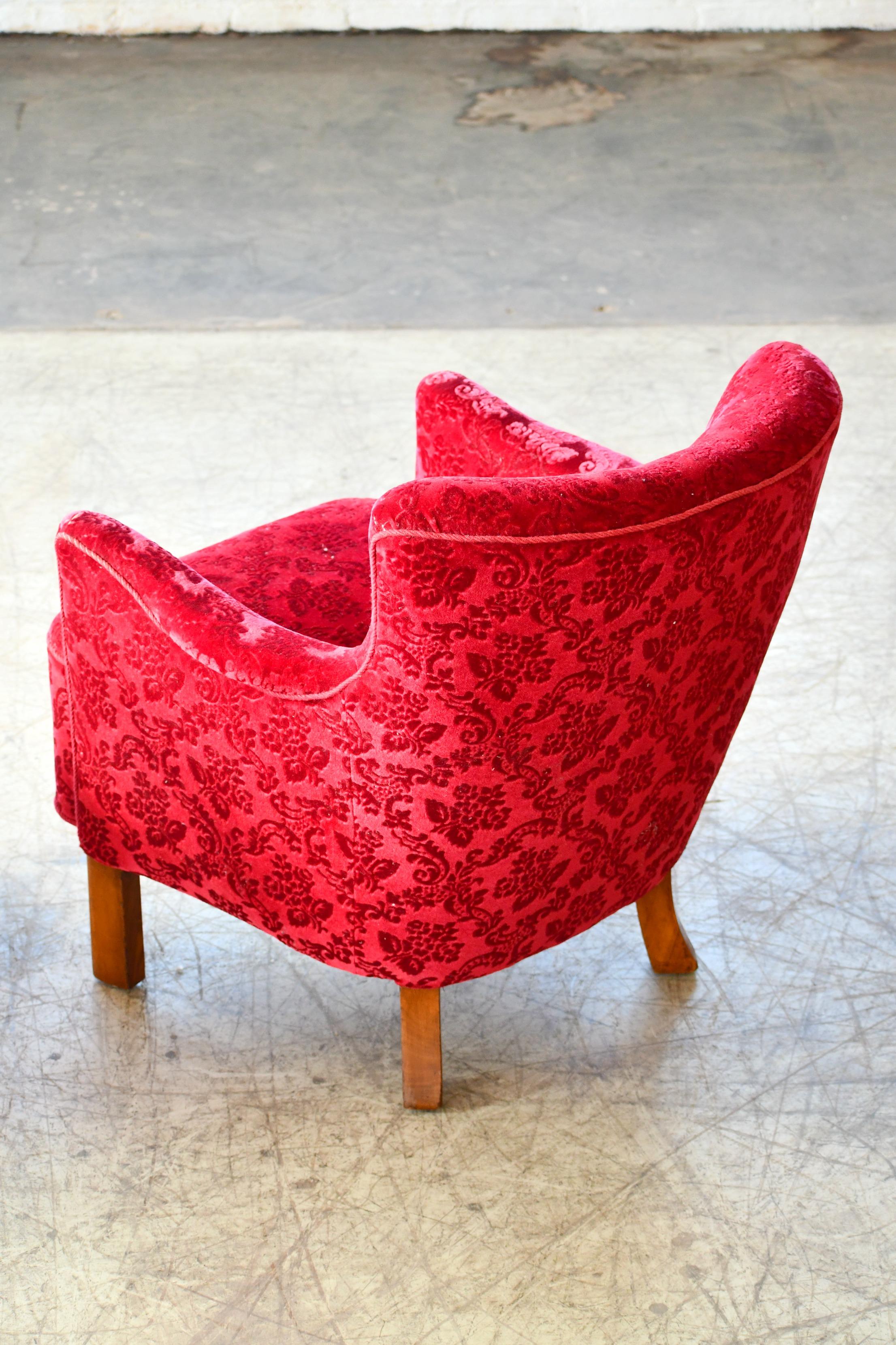 Danish 1940s Fritz Hansen Style Small Scale Lounge Chairs in Red Mohair 5