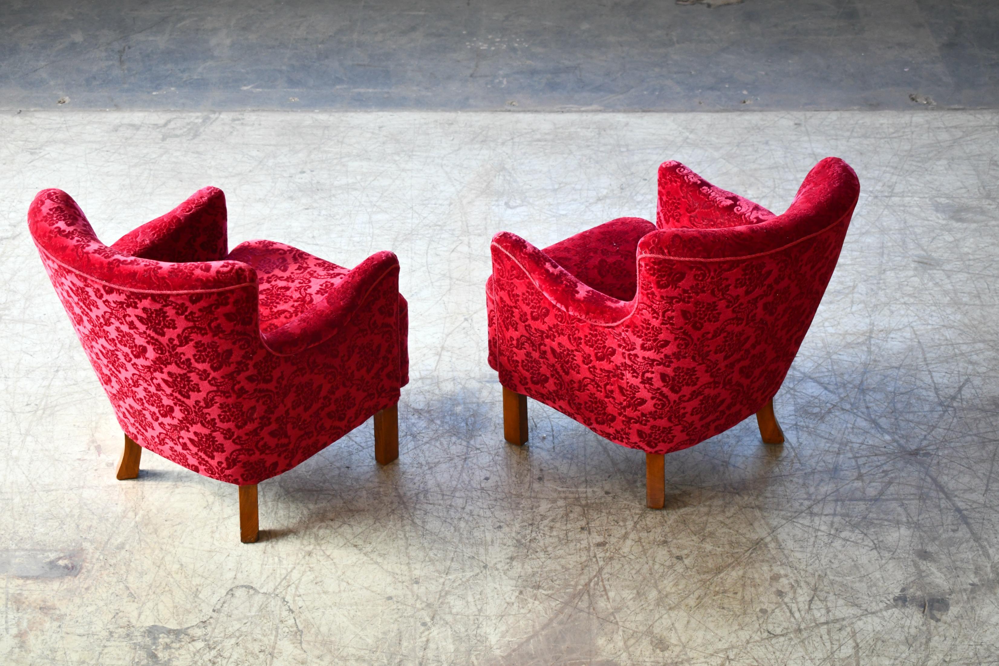 Danish 1940s Fritz Hansen Style Small Scale Lounge Chairs in Red Mohair 6