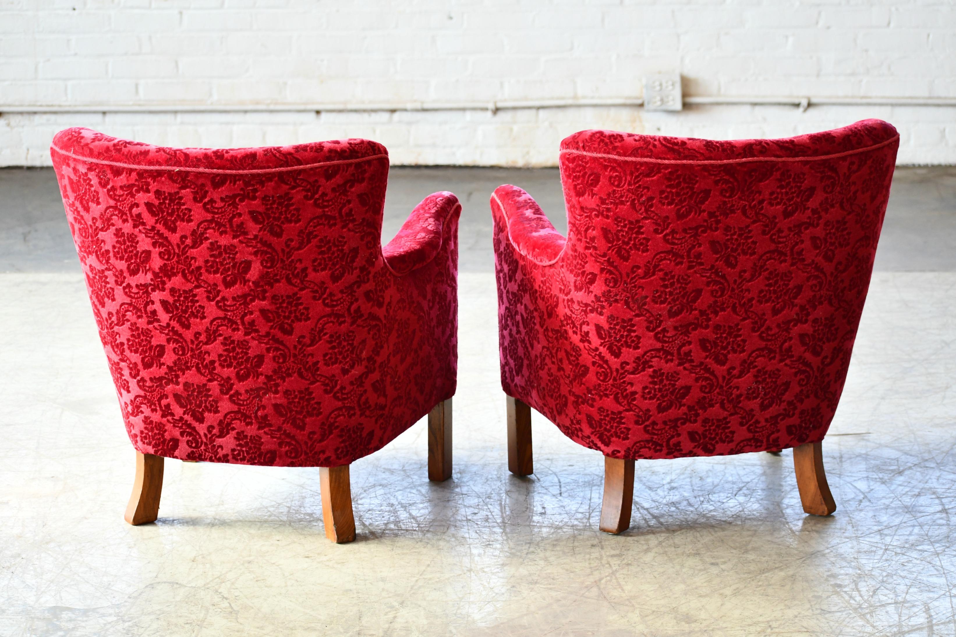 Danish 1940s Fritz Hansen Style Small Scale Lounge Chairs in Red Mohair 7
