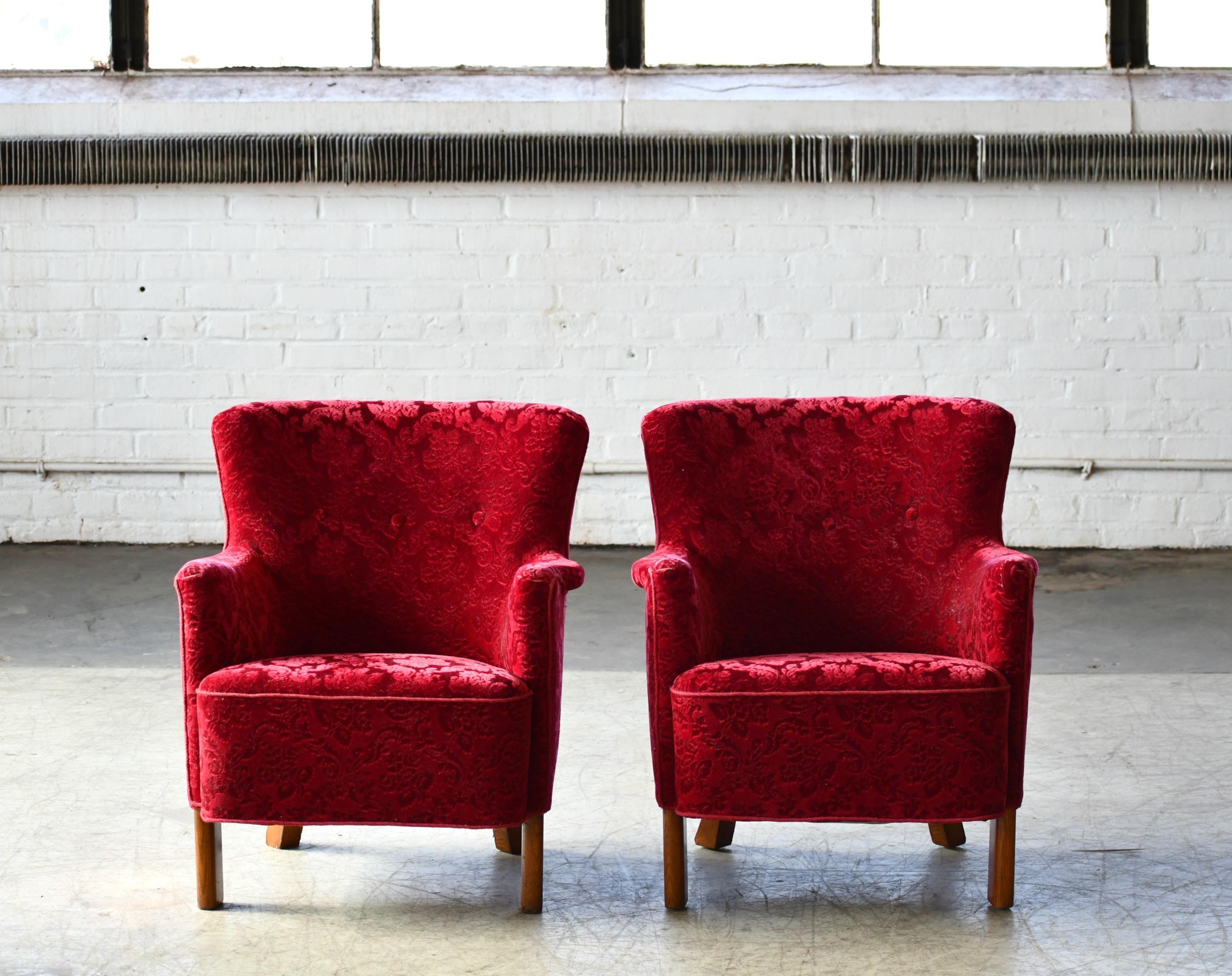 Mid-Century Modern Danish 1940s Fritz Hansen Style Small Scale Lounge Chairs in Red Mohair