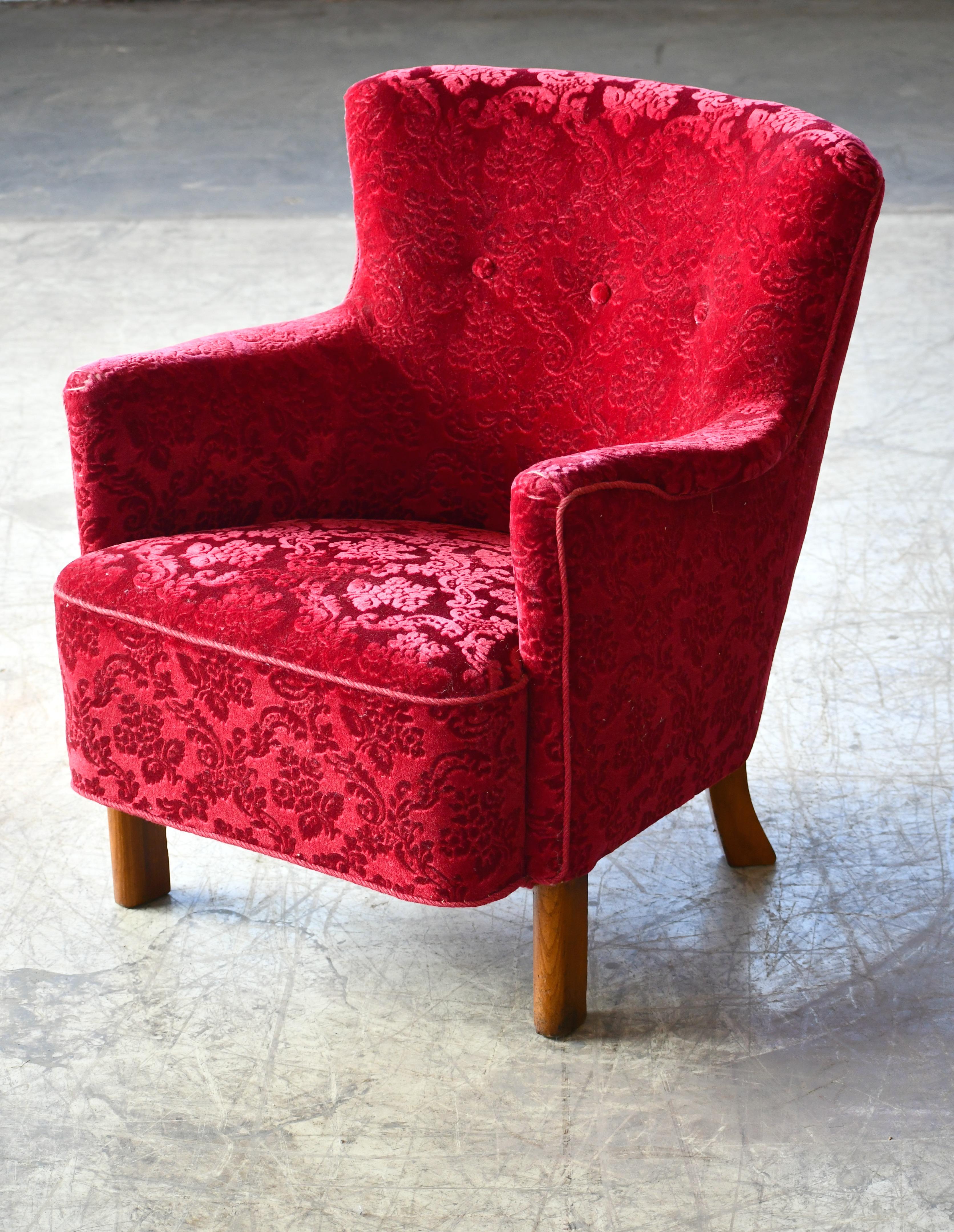 Mid-20th Century Danish 1940s Fritz Hansen Style Small Scale Lounge Chairs in Red Mohair