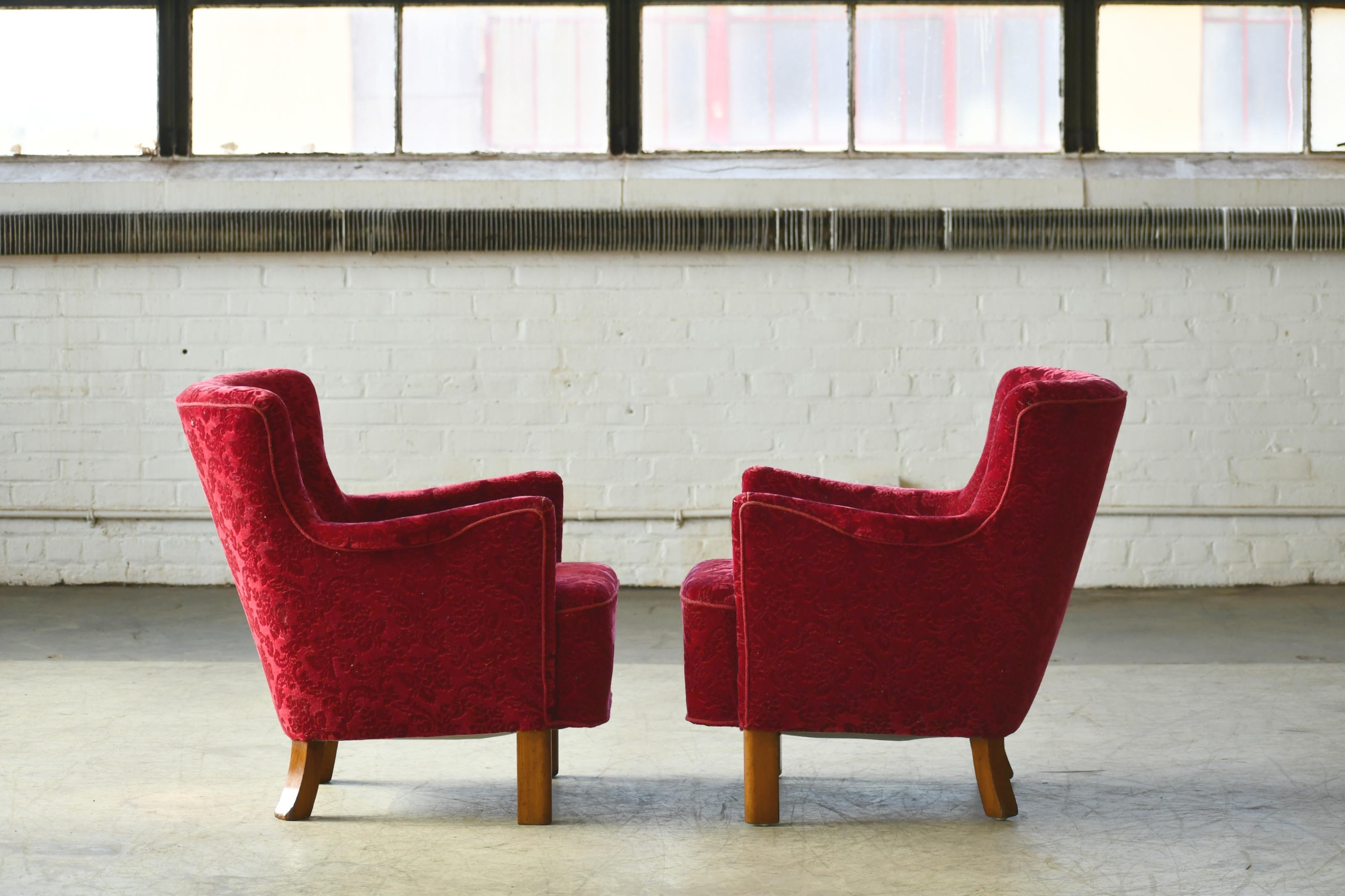 Danish 1940s Fritz Hansen Style Small Scale Lounge Chairs in Red Mohair 3