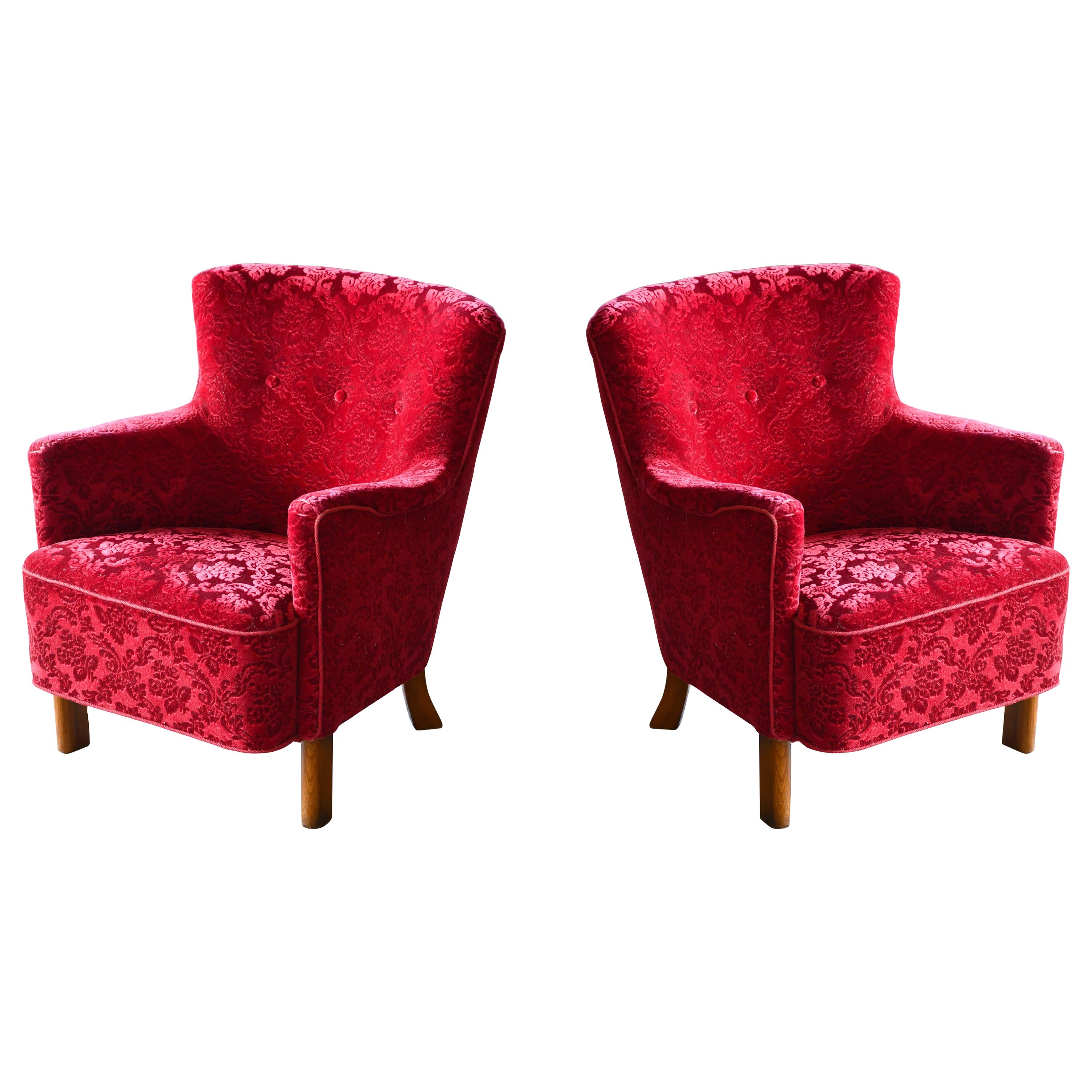 Danish 1940s Fritz Hansen Style Small Scale Lounge Chairs in Red Mohair