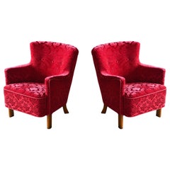 Danish 1940s Fritz Hansen Style Small Scale Lounge Chairs in Red Mohair