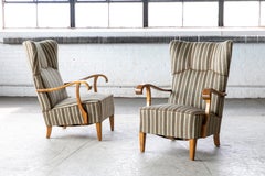 Danish 1940's Fritz Hansen Style Wingback Lounge Chairs Birch Open Armrest