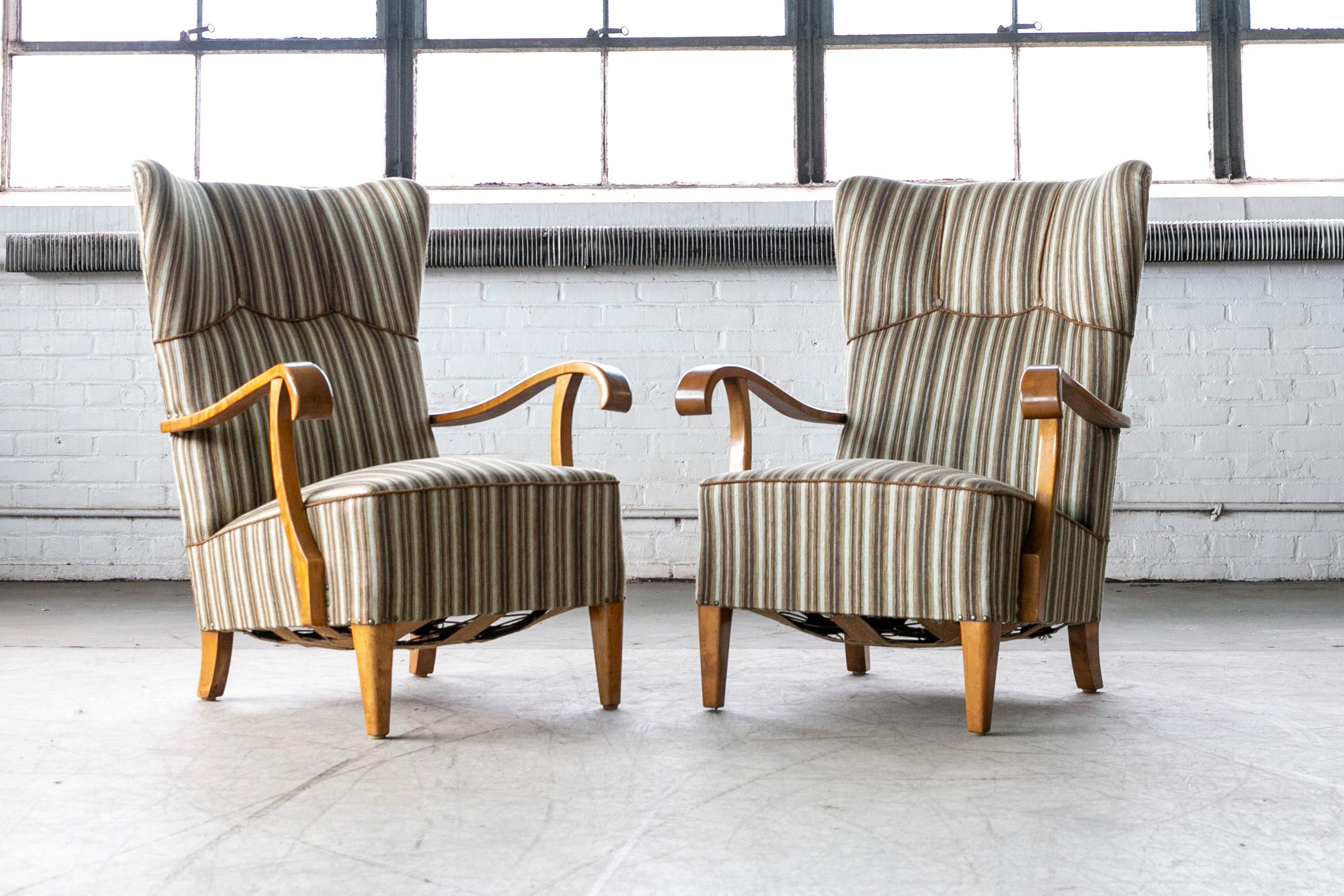 Mid-Century Modern Danish 1940's Fritz Hansen Style Wingback Lounge Chairs Birch Open Armrest