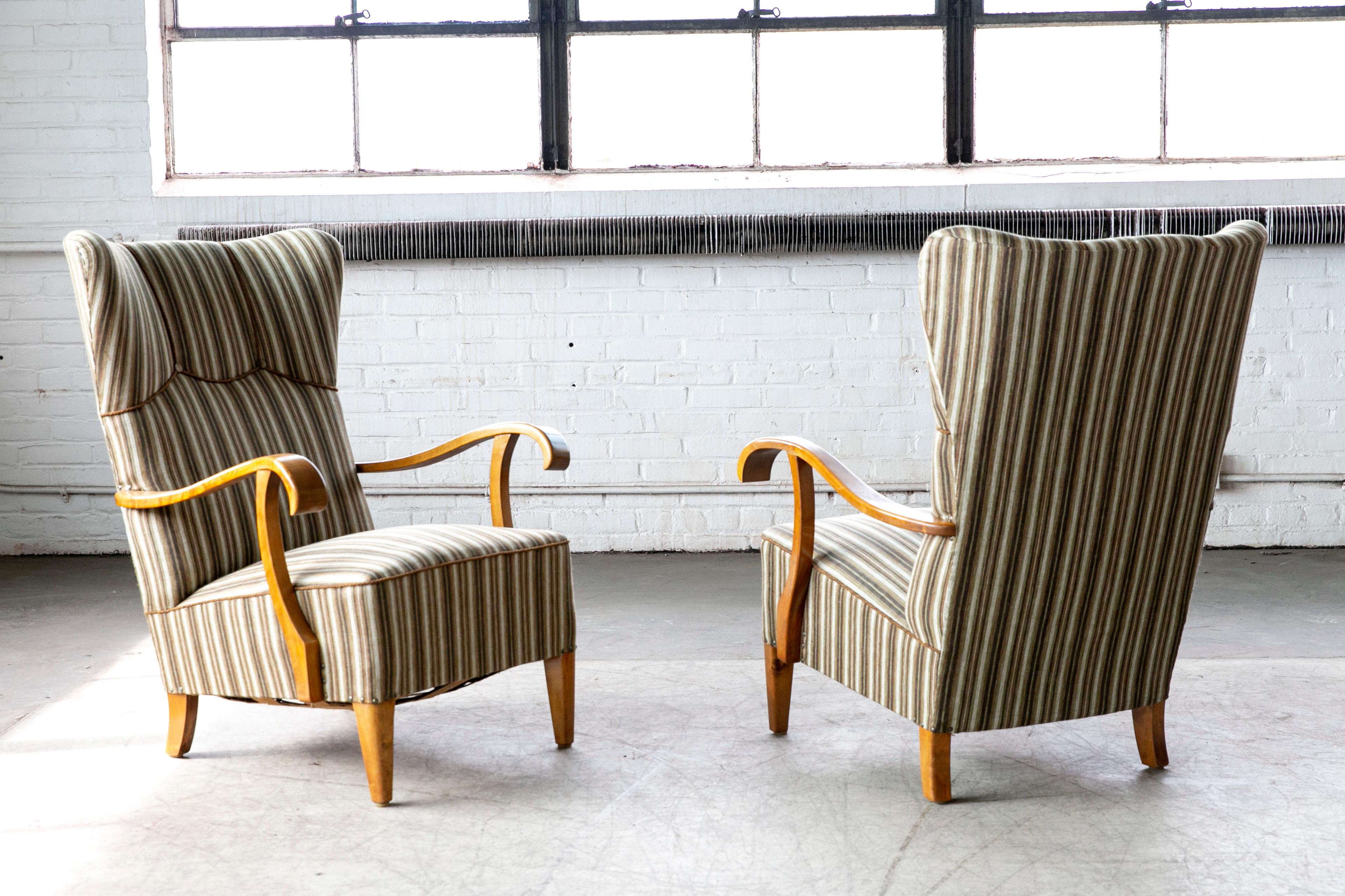 Mid-20th Century Danish 1940's Fritz Hansen Style Wingback Lounge Chairs Birch Open Armrest