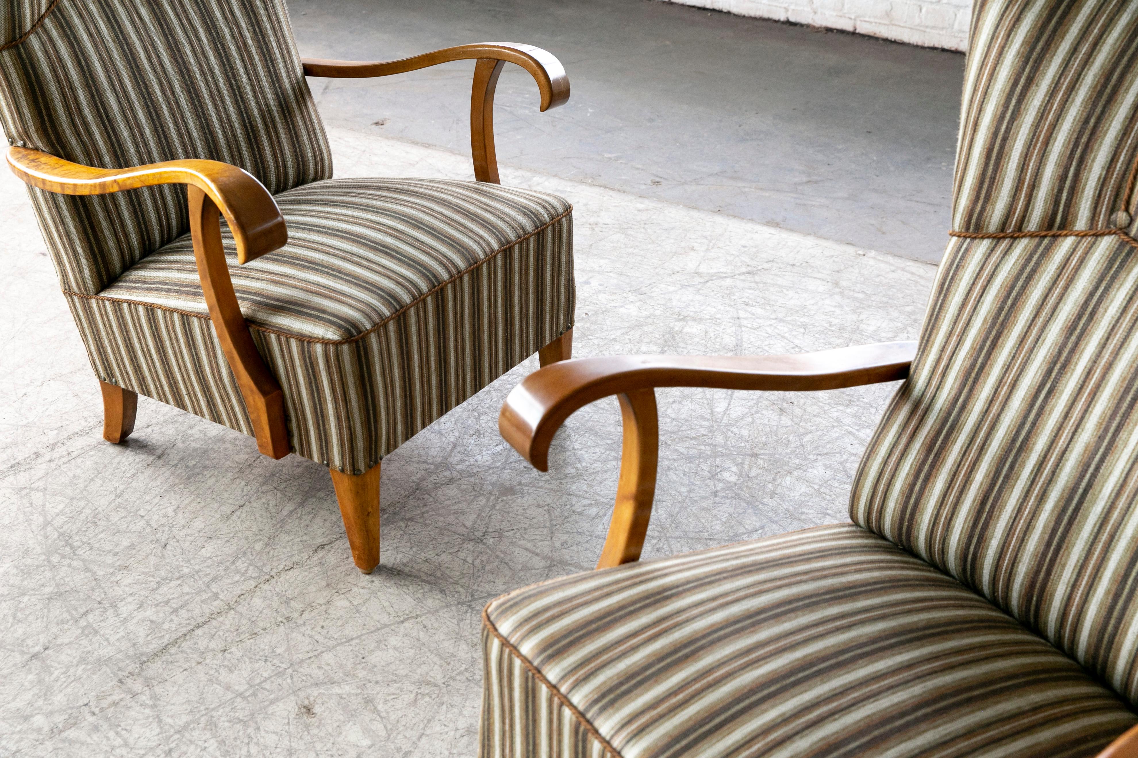 Wool Danish 1940's Fritz Hansen Style Wingback Lounge Chairs Birch Open Armrest