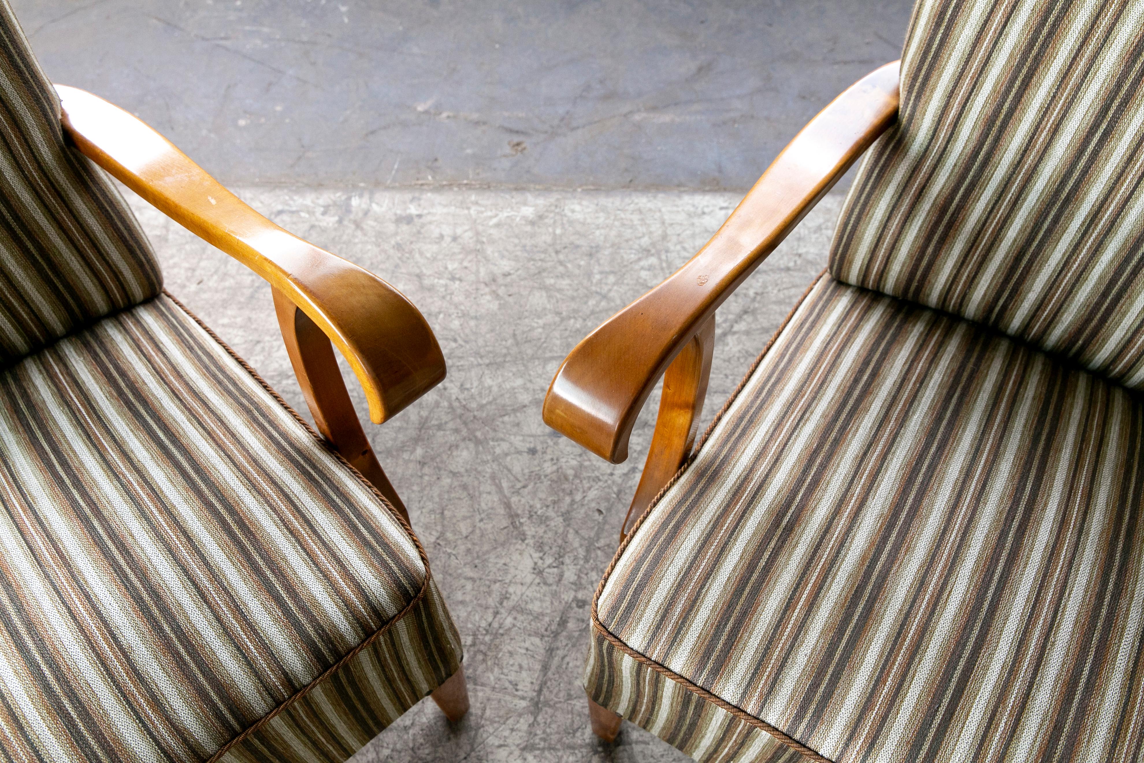 Danish 1940's Fritz Hansen Style Wingback Lounge Chairs Birch Open Armrest 3