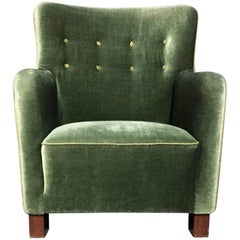 Danish 1940s Green Buttoned Mohair Easy Chair