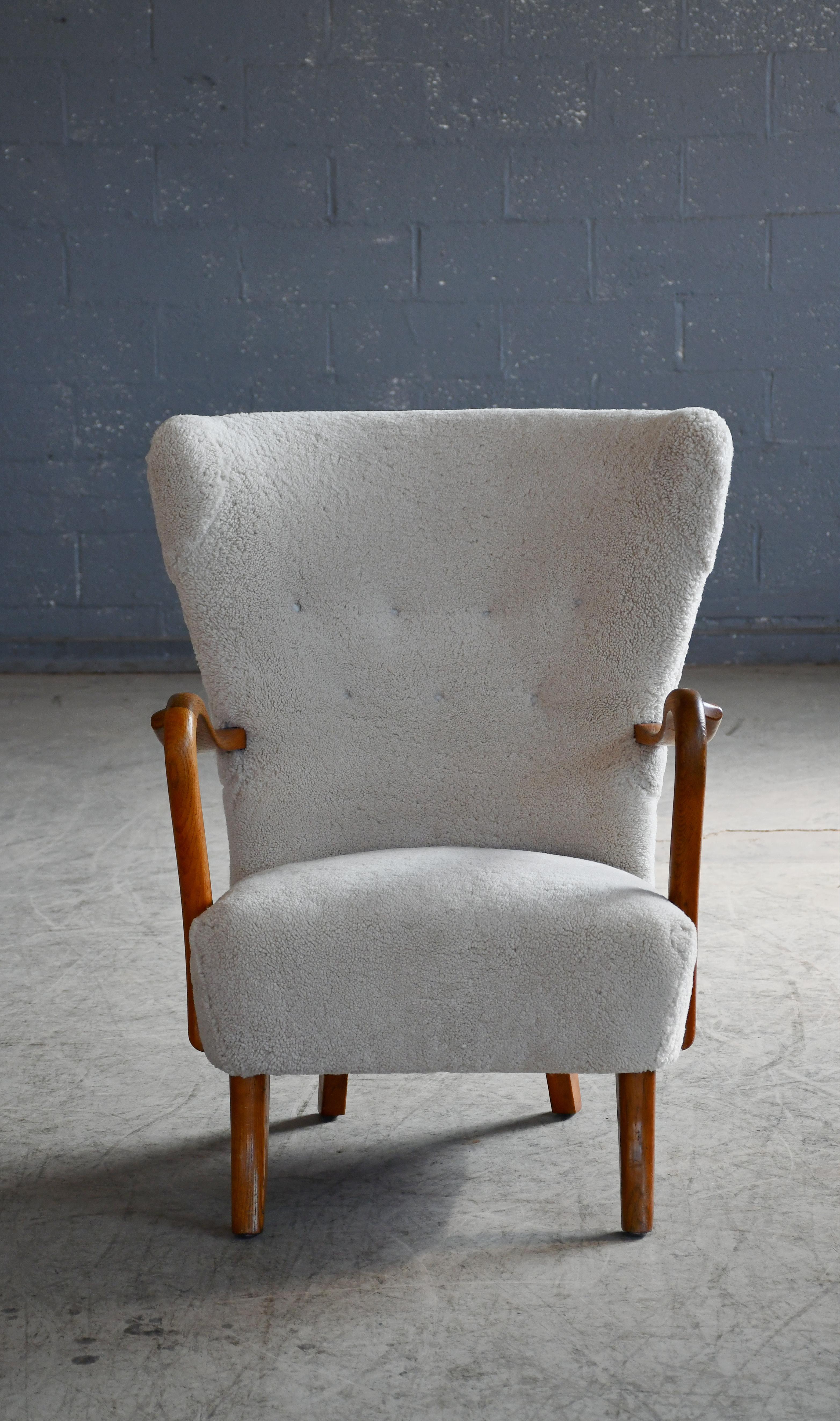 Mid-Century Modern Danish 1940's High Back Lounge Chair by Alfred Christensen in Grey Sheepskin For Sale