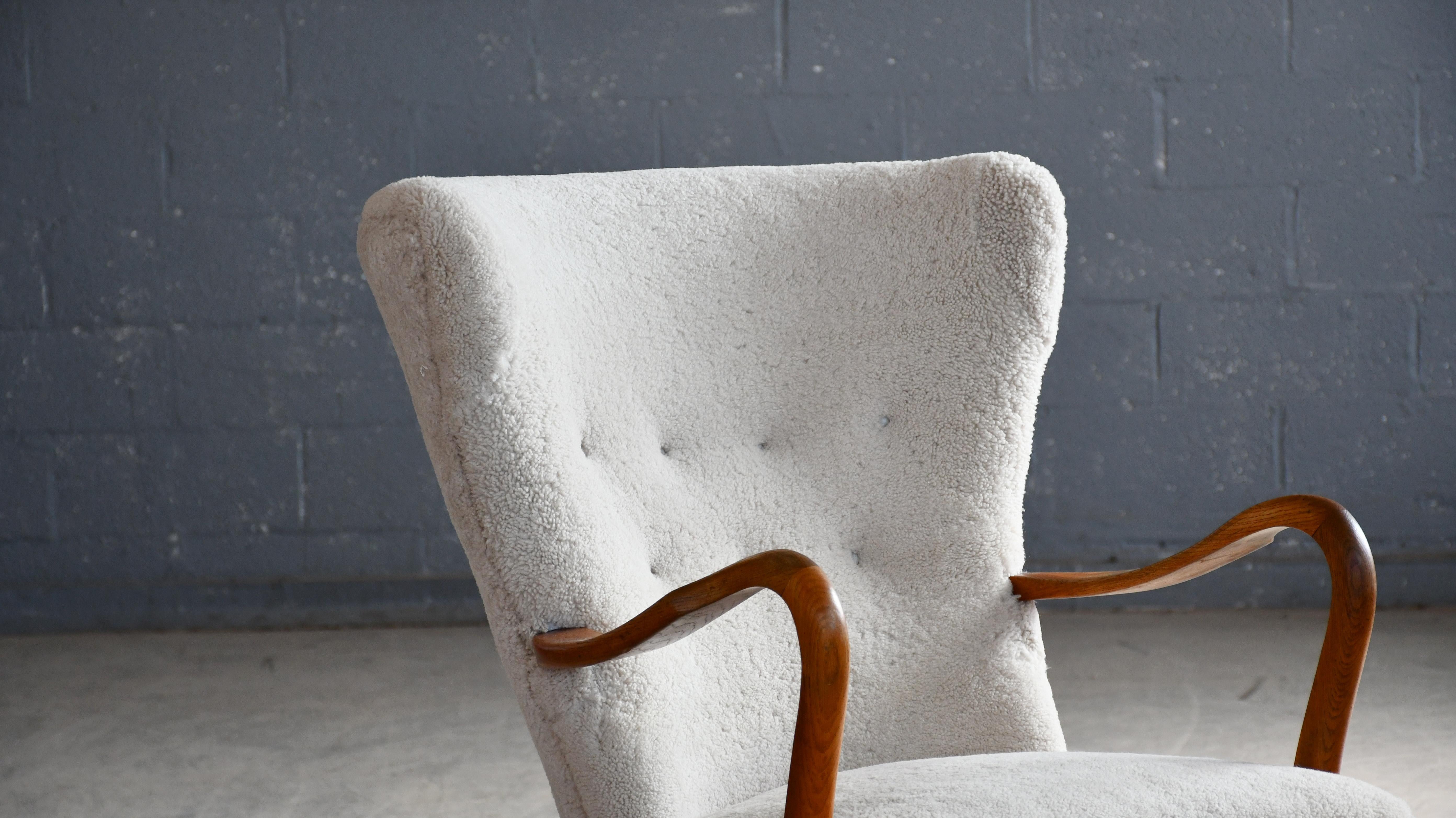 Mid-20th Century Danish 1940's High Back Lounge Chair by Alfred Christensen in Grey Sheepskin For Sale