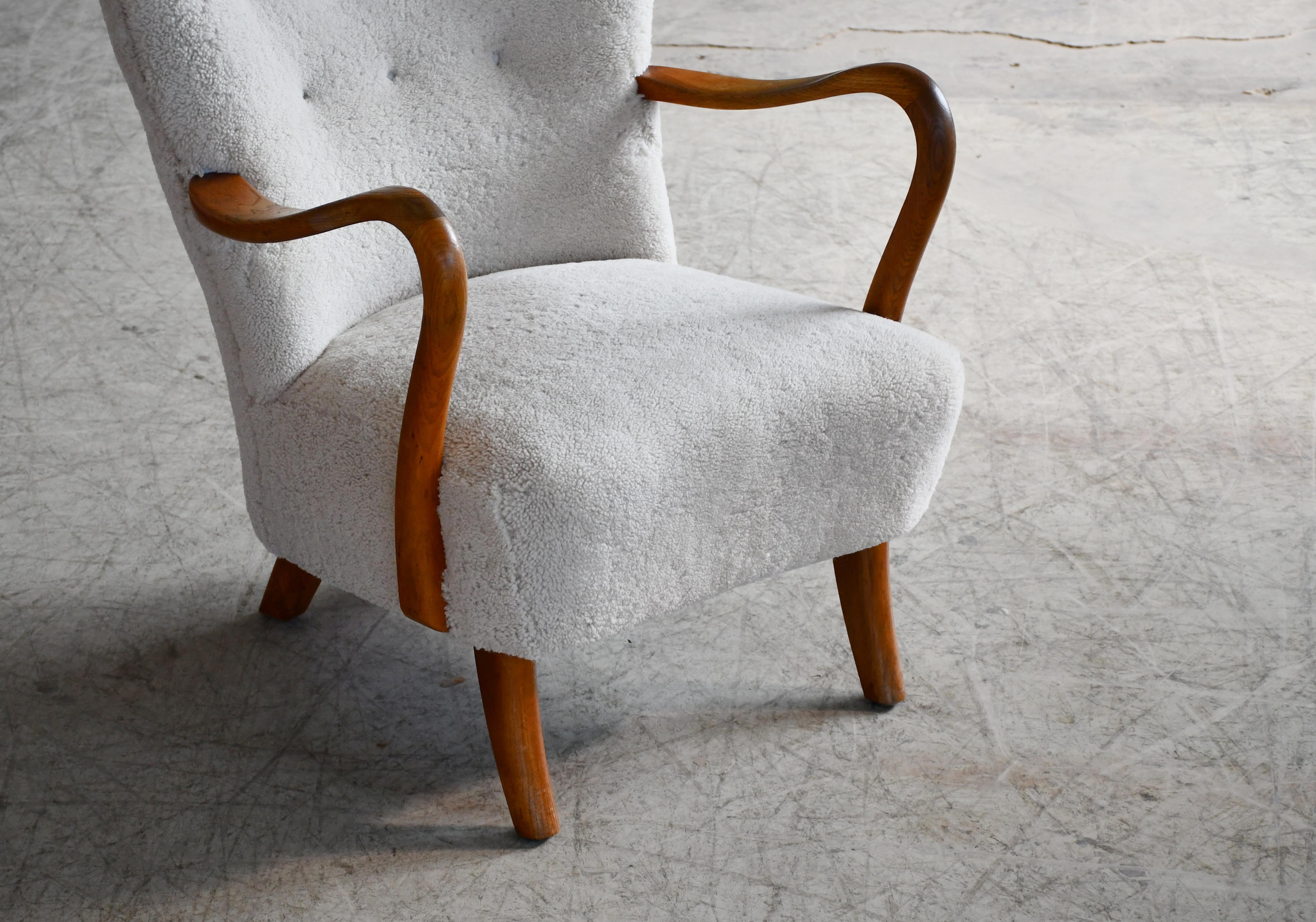 Danish 1940's High Back Lounge Chair by Alfred Christensen in Grey Sheepskin For Sale 1