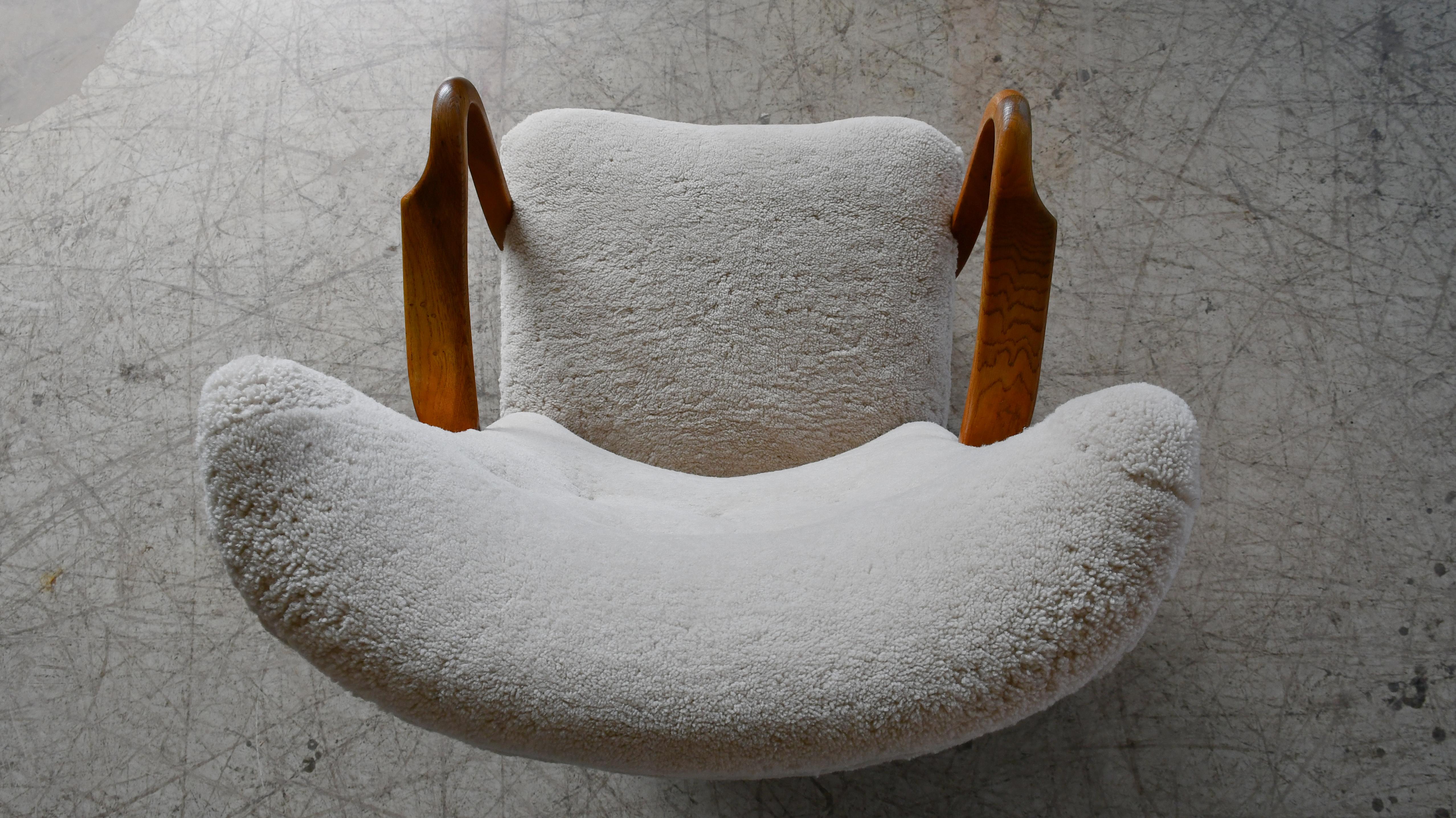 Danish 1940's High Back Lounge Chair by Alfred Christensen in Grey Sheepskin For Sale 3
