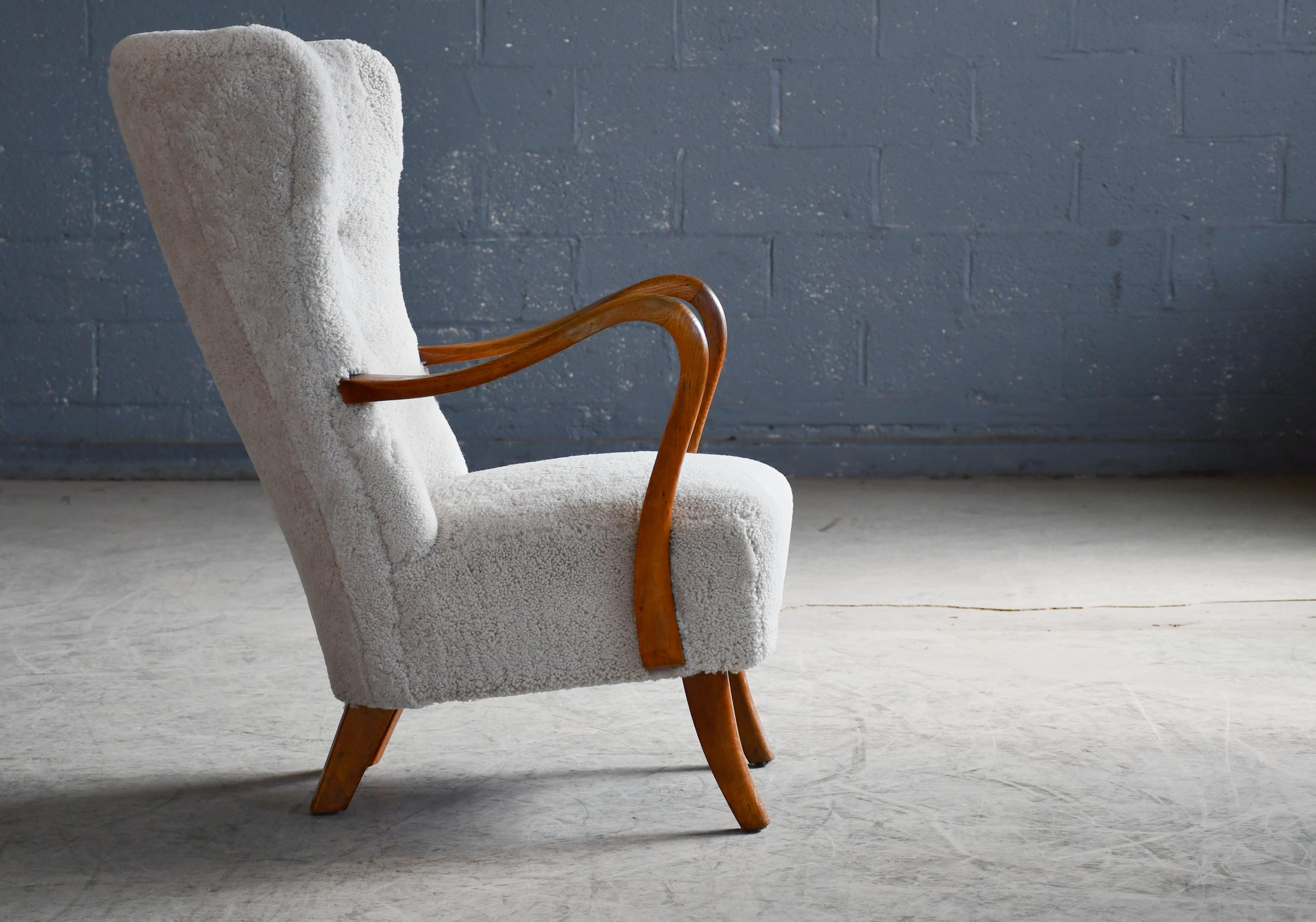 Danish 1940's High Back Lounge Chair by Alfred Christensen in Grey Sheepskin For Sale 4