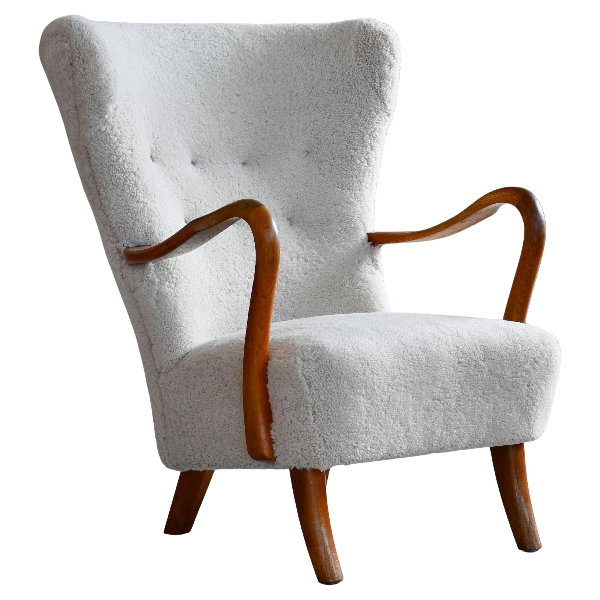 Danish 1940's High Back Lounge Chair by Alfred Christensen in Grey Sheepskin