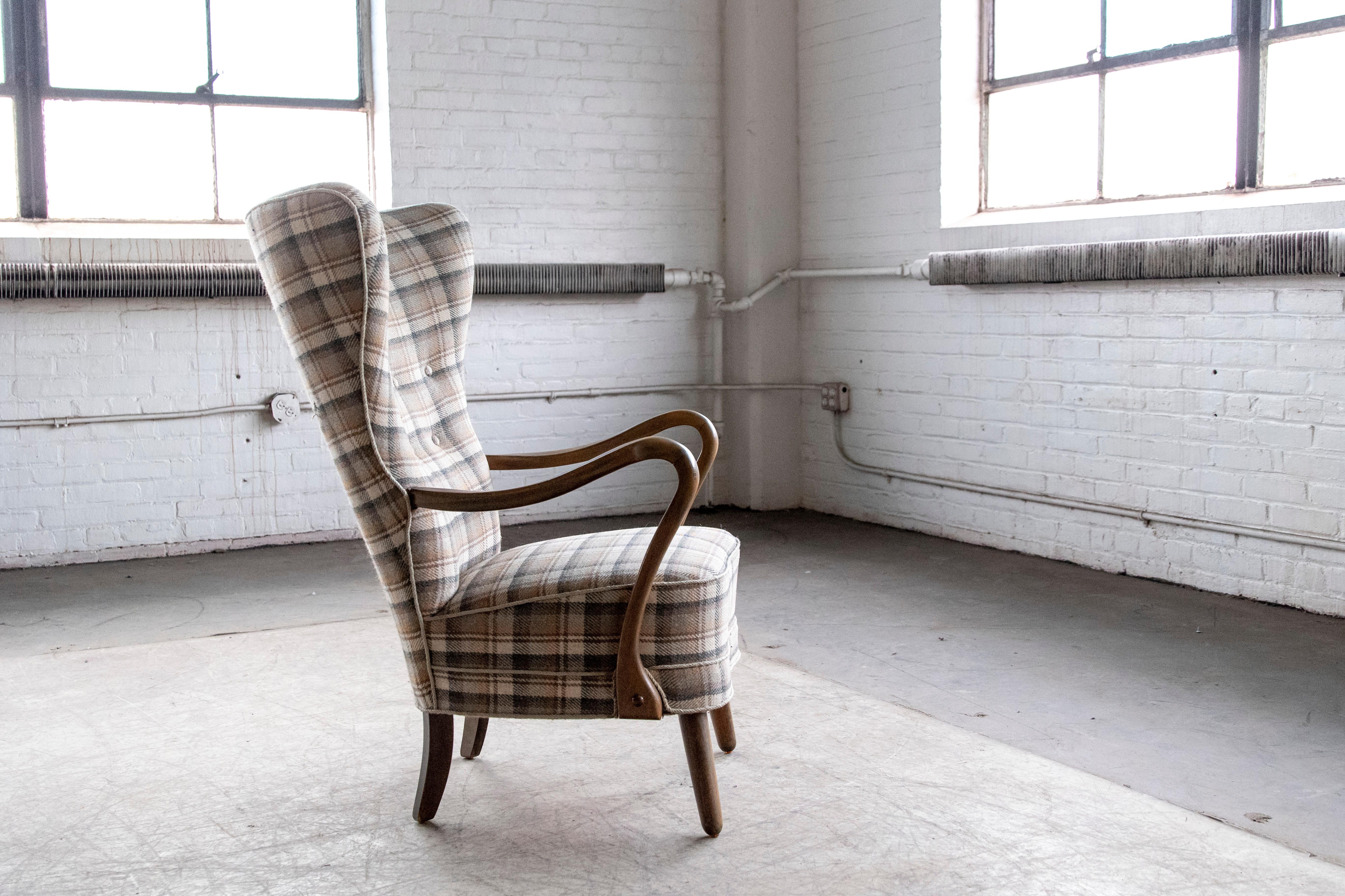 Wool Danish 1940s Highback Easy Chair with Open Armrests Alfred Christensen