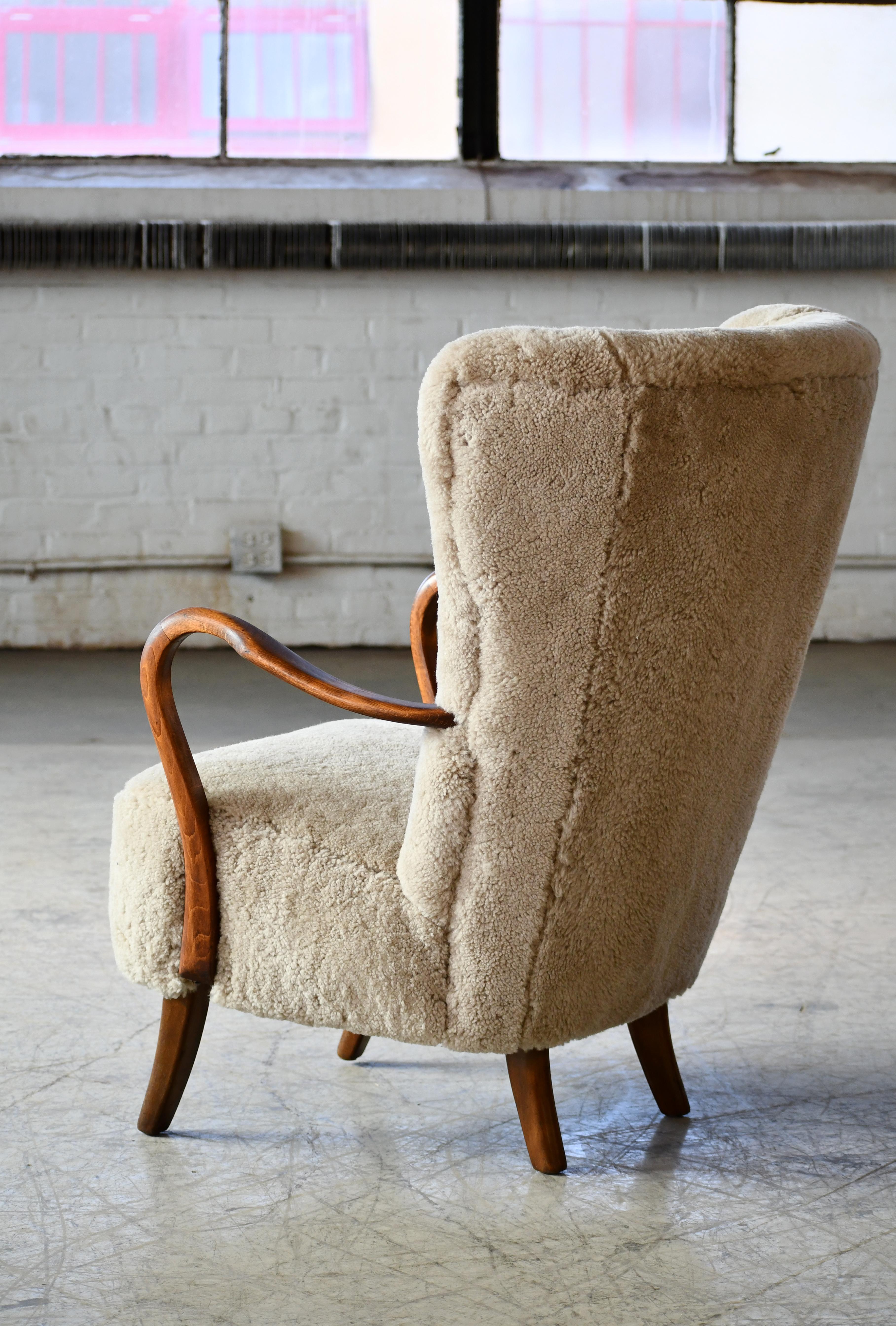 Danish 1940s Highback Lounge Chair in Grey Sheepskin and Open Armrests in Oak 1